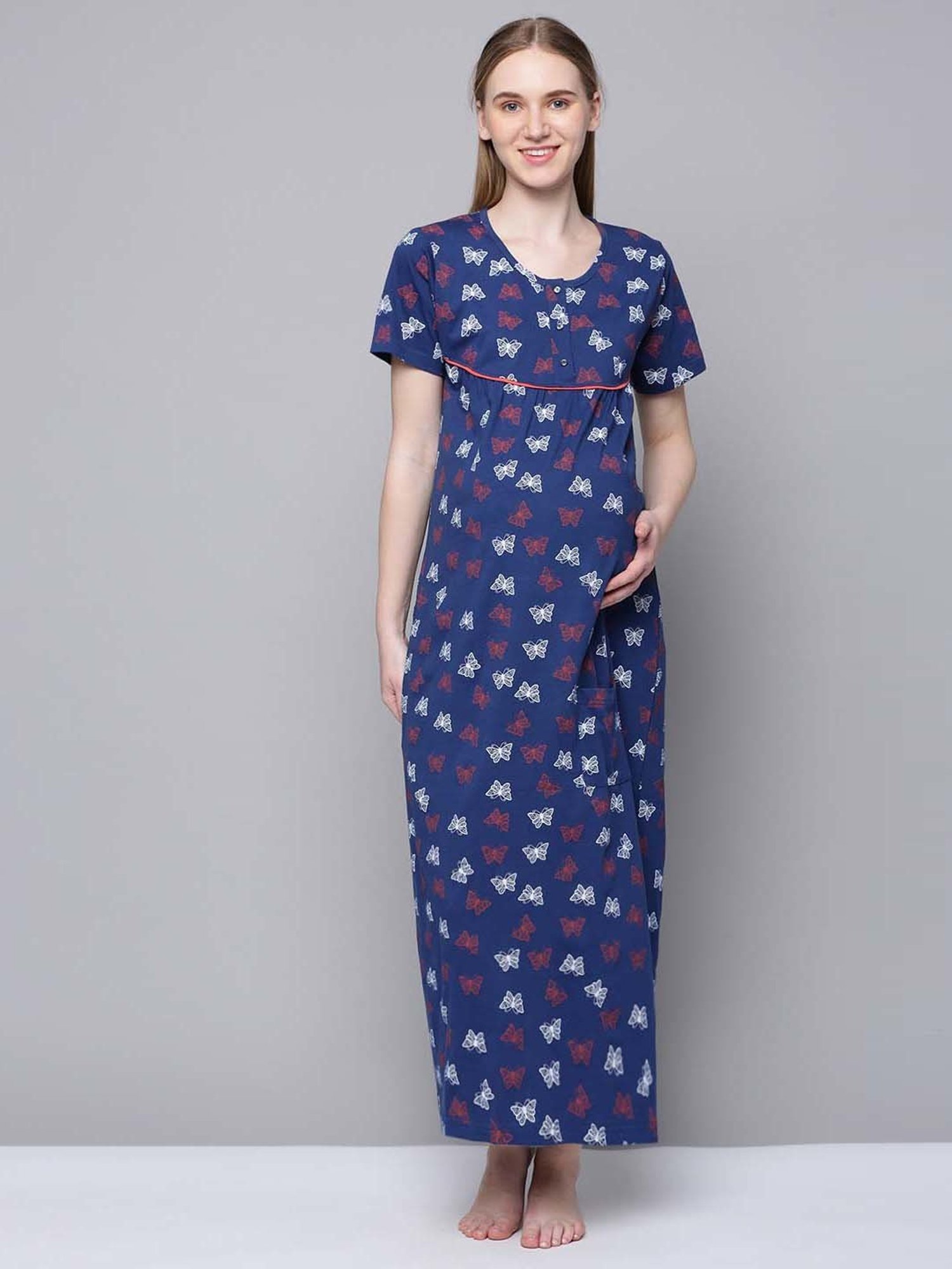 Kryptic Blue Cotton Printed Maternity Nightdress