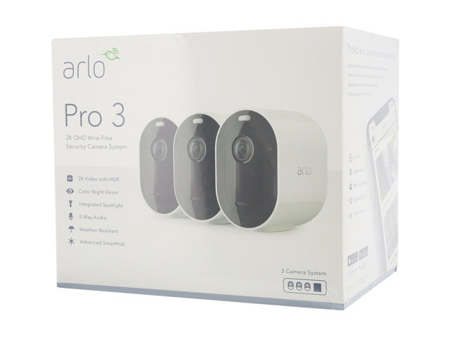 Arlo Pro 3 - Wire-Free Security 3 Camera System, 2K Resolution with HDR, 160&deg; View, Indoor/Outdoor, Color Night Vision, Spotlight, 2-Way Audio, Rechargeable Battery, Siren (VMS4340P)