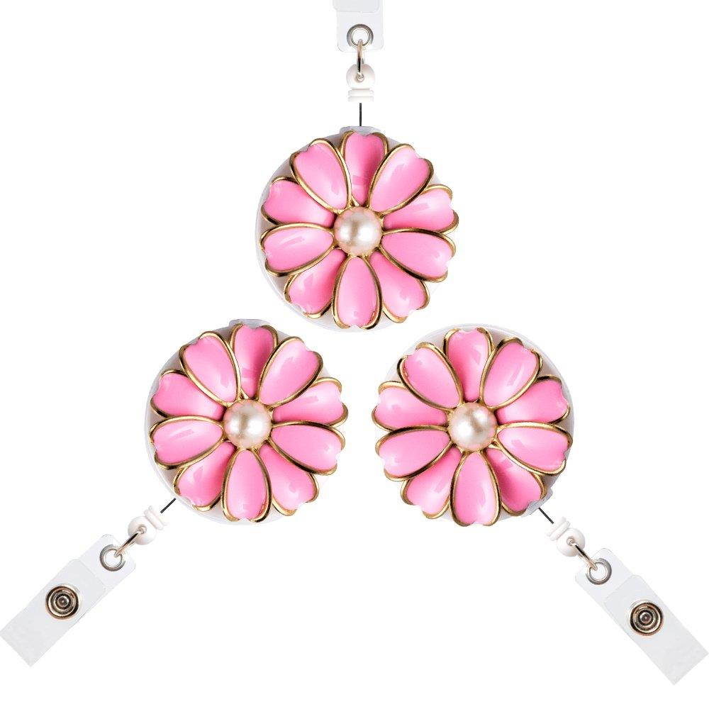 Qinsuee Retractable Badge Holder, ID Badge Reel with Pearl, 3 Pack (Pink)