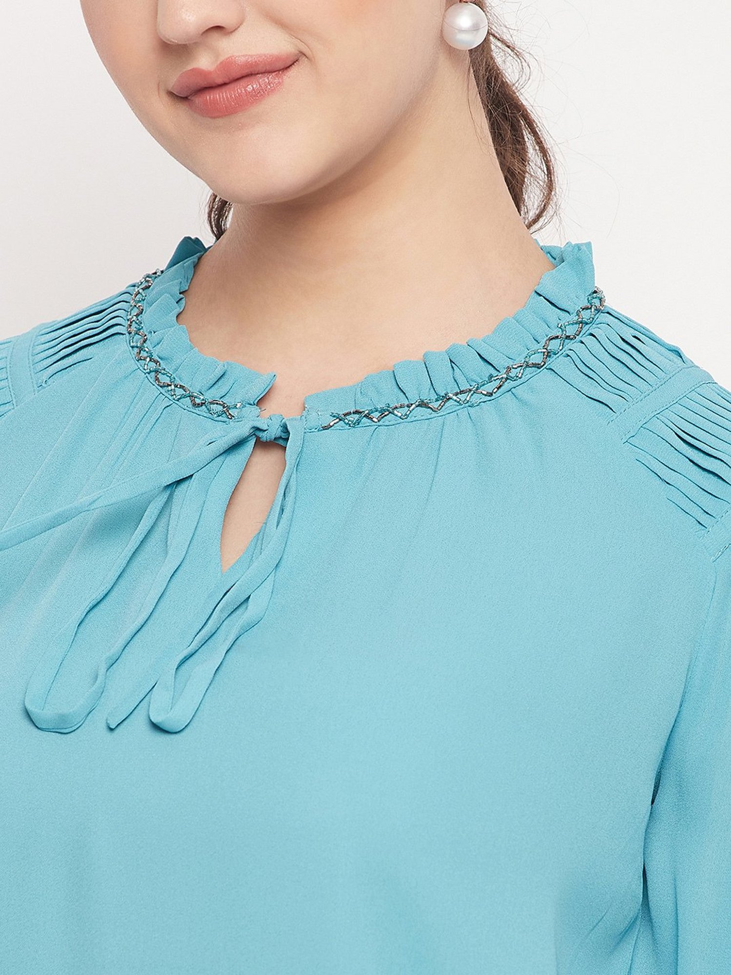 MADAME Turquoise Cotton Embellished Top