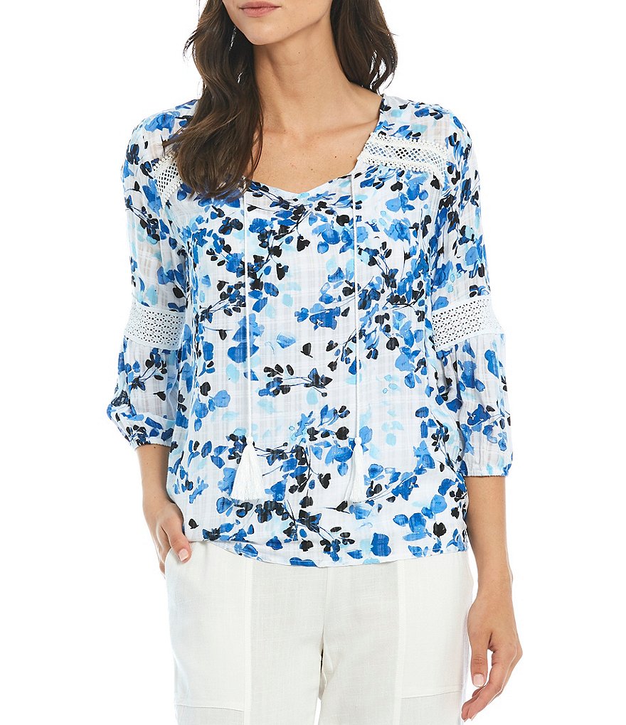 I.N. Studio Floral Print Tassel Tie V-Neck Detail Crochet Band 3/4 Sleeve Top