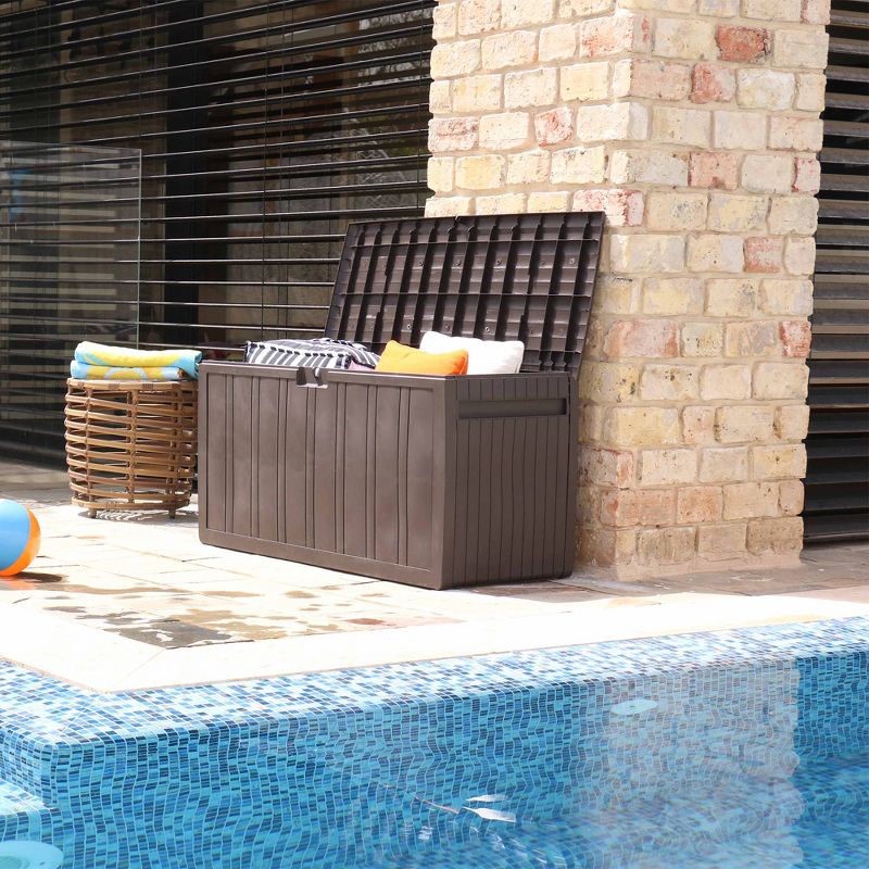 Ram Quality Products Large Outdoor Storage Deck Box Organizer Bin Waterproof Patio Furniture, 71 Gallon Capacity, Brown