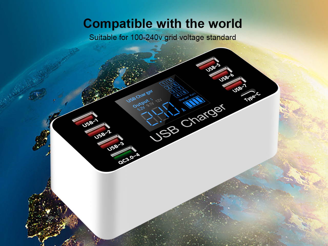 Multi USB 8-Port Smart Fast Desktop Hub Wall Charger Charging Station Quick Charge 3.0 USB Type C Port With LED Display Compatible with Apple Samsung Android Smart Phone, Tablet, Nintendo Switch Games