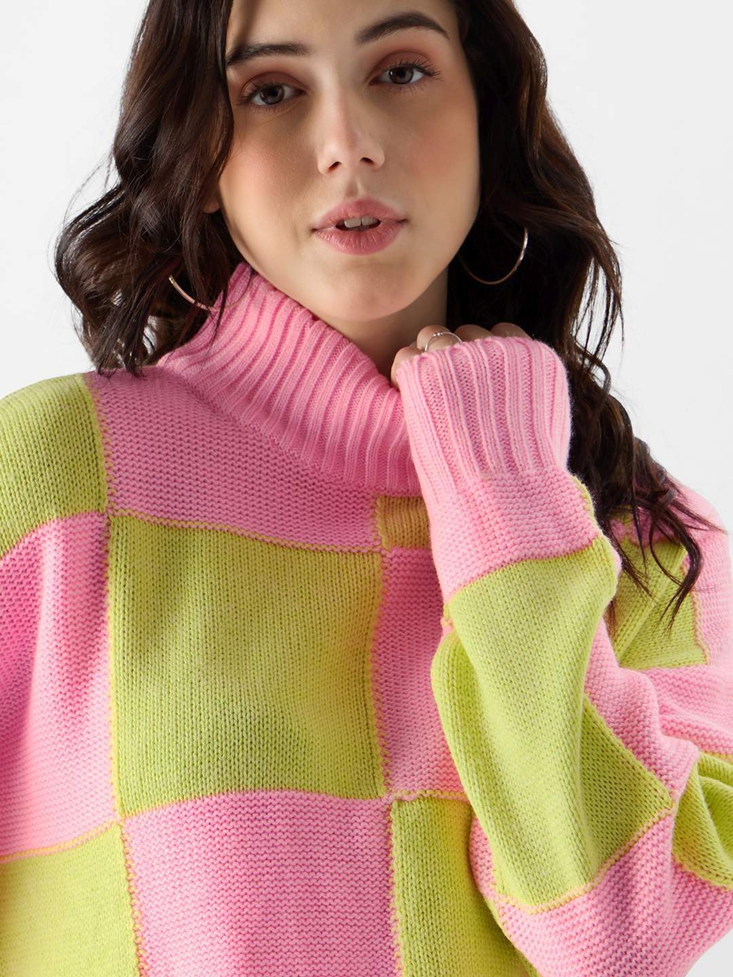 The Souled Store Green & Pink Cotton Color-Block Sweater