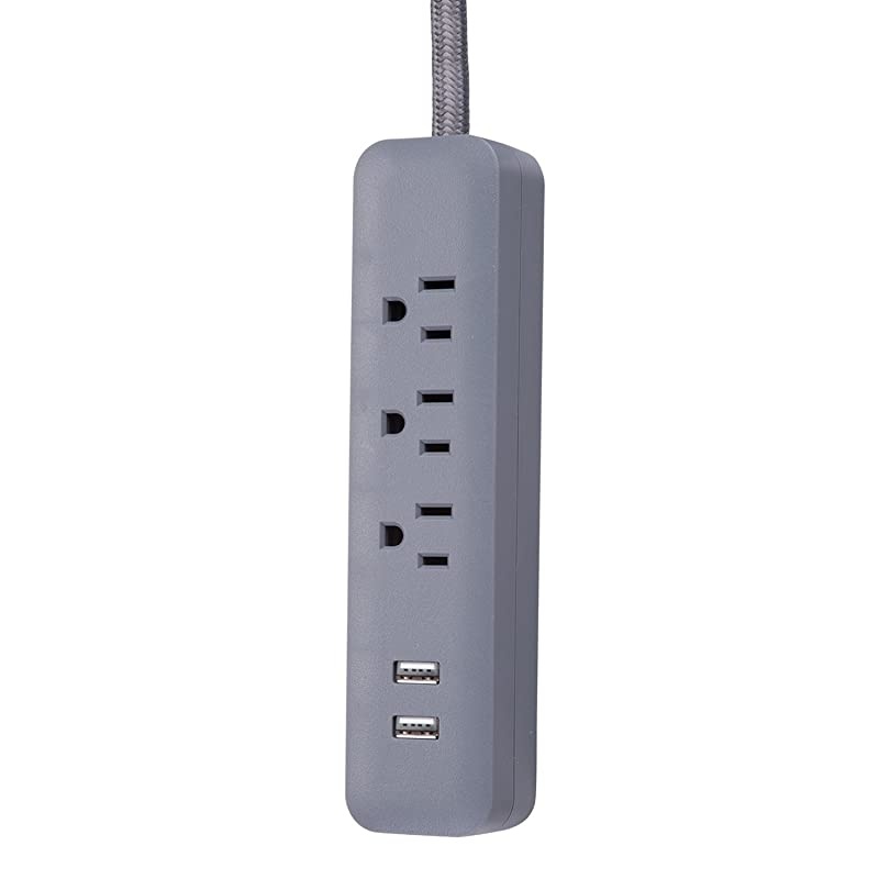 Designer Series 6ft 6Outlet USB Surge Protector Power Strip 2x USB Ports Surge Protector Right Angle Plug Circuit Breaker Switch Gray Finish 78252