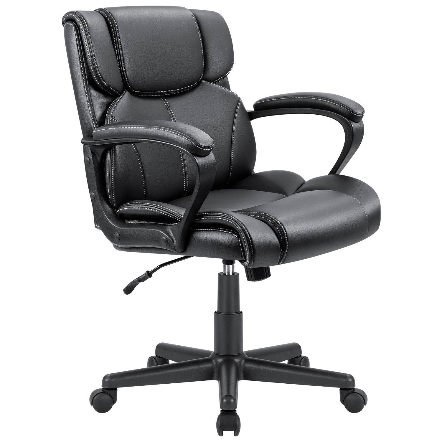 Furmax Mid Back Executive Office Chair Leather-Padded Desk Chair with Armrests, Ergonomic Swivel Task Chair with Lumbar Support (Black)