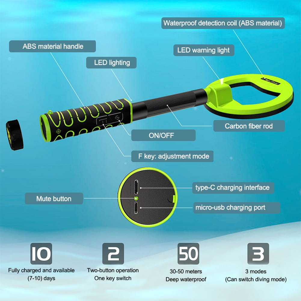 USB Rechargable Handheld Metal Detector Underwater Treasure Finder 5.9 Inch Search Coil Dive Mode Waterproof Outdoor Treasure Finder IP68 Waterproof Level Sound Vibrations Alarm Function with LED