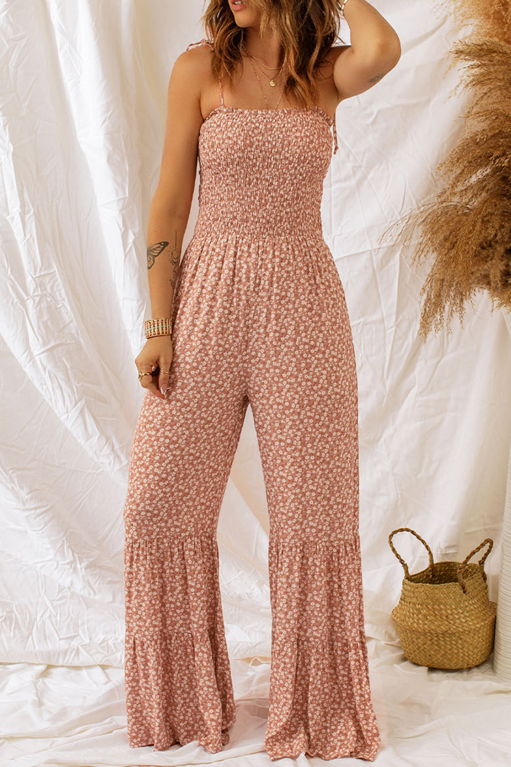 Rose Tan Solid Self Tied Straps Pleated Wide Leg Jumpsuit