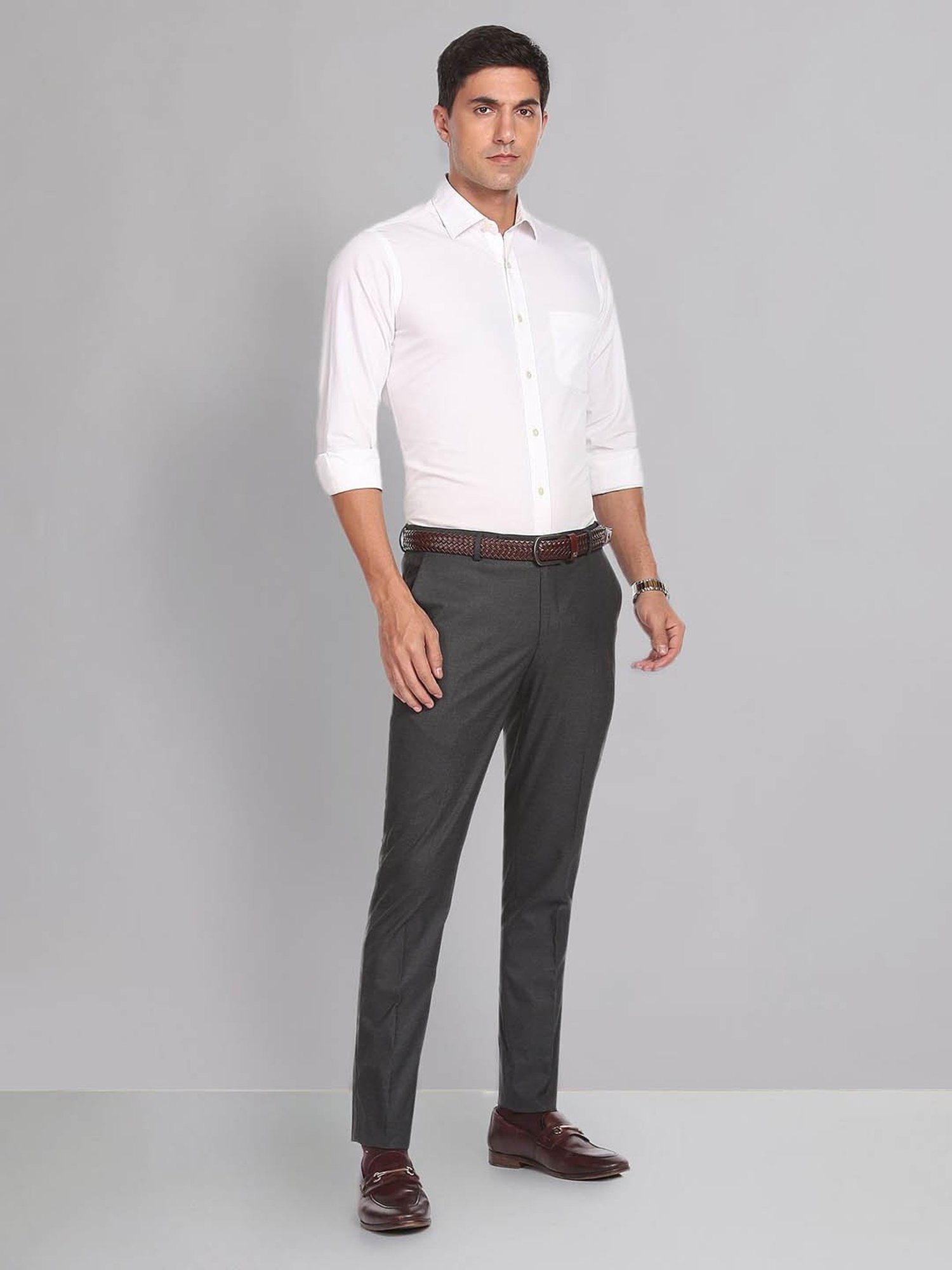 AD by Arvind Dark Grey Slim Fit Flat Front Trousers