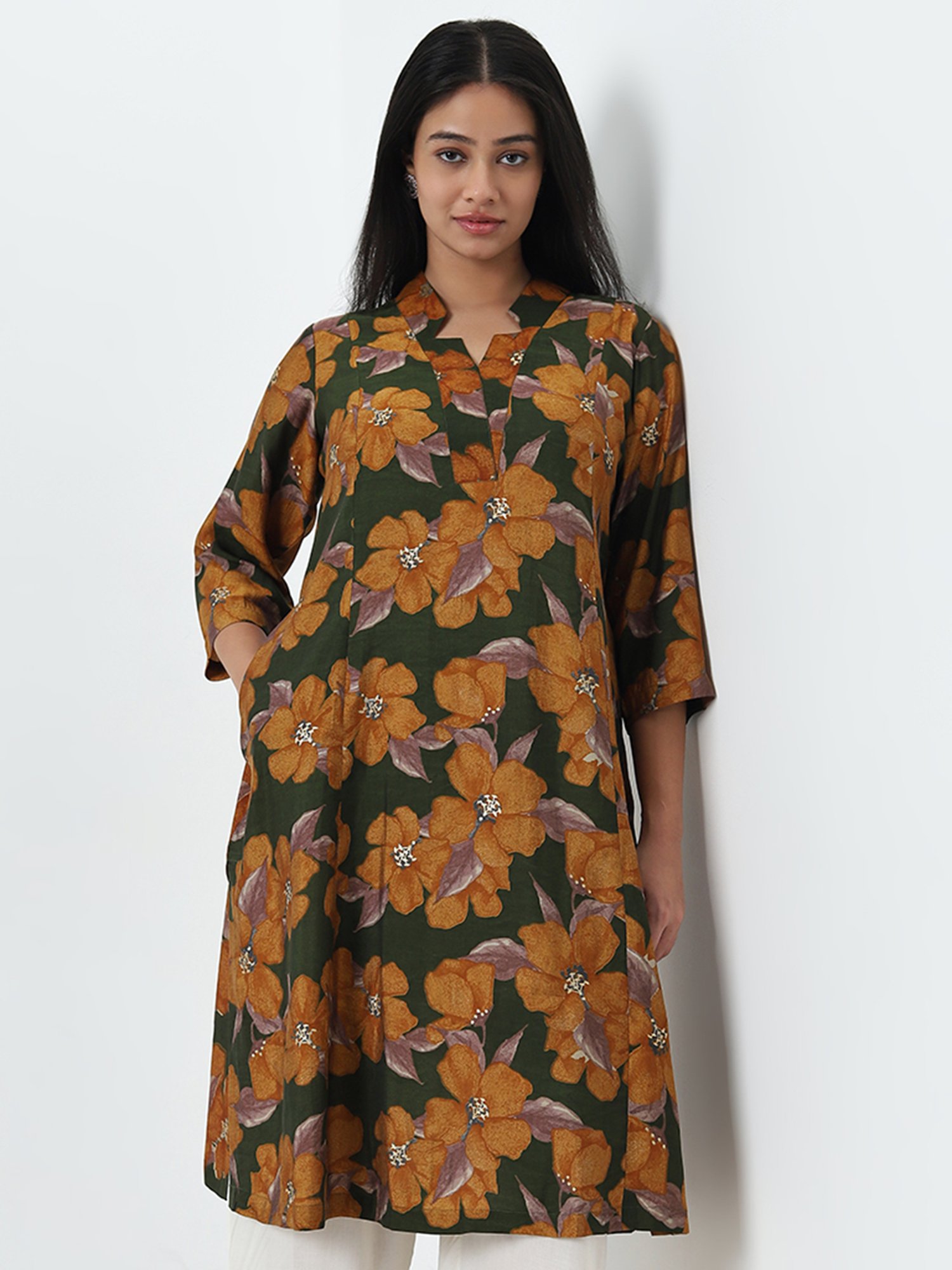 Diza by Westside Dark Green Floral Printed A-Line Kurta