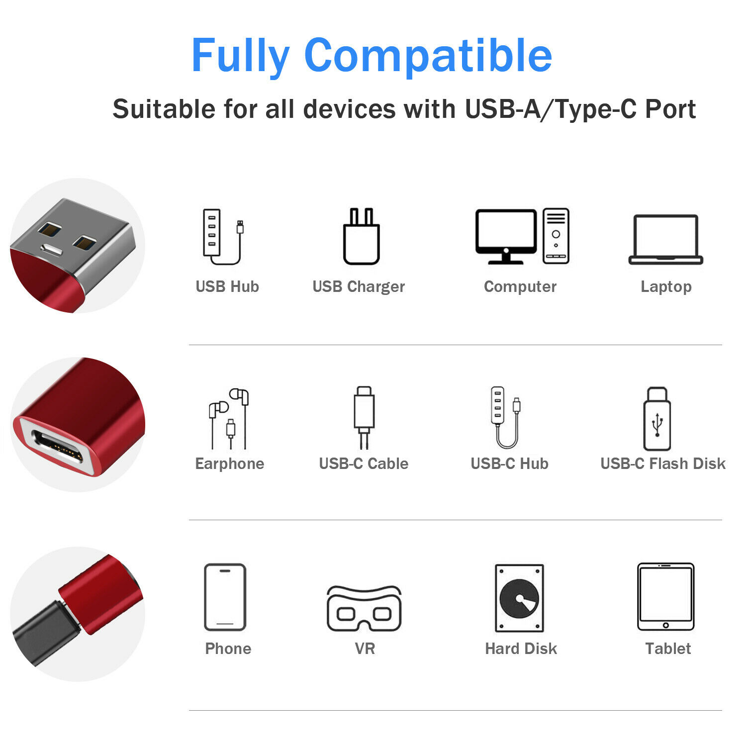 Donwell 2pcs USB C 3.1 Type C Female to USB Type A Male Port Converter Adapter 10Gbps 60W Max  Red