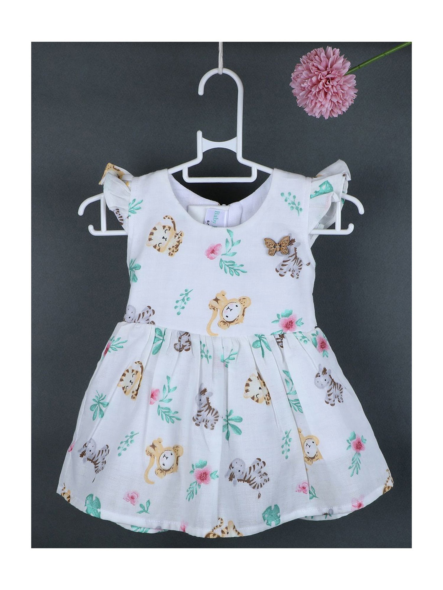 Baby Moo Kids White & Green Printed Dress