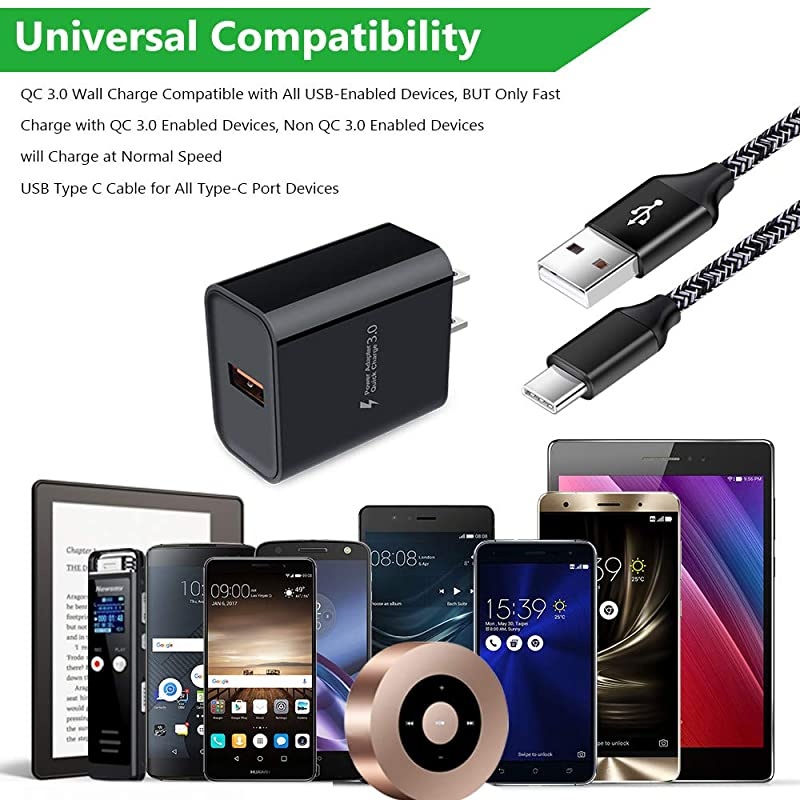 Charge 3.0 Fast Charging USB Wall Charger Plug with 6ft Type C Cable for Samsung Galaxy S21 Ultra/S21+ S20 Note 21 20 Ultra S20 FE A21 A51 A11 A12 A20 A10E A50 A71 A32 A42 A52 S10E S10 5G S9 S8