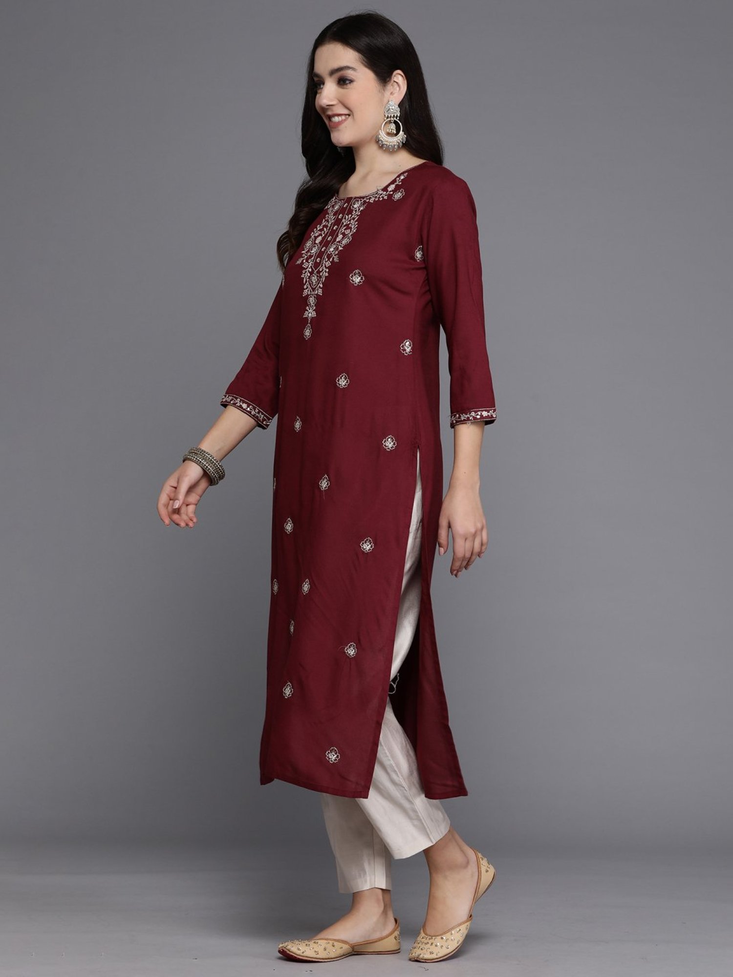 Indo Era Maroon Embroidered Straight Kurta
