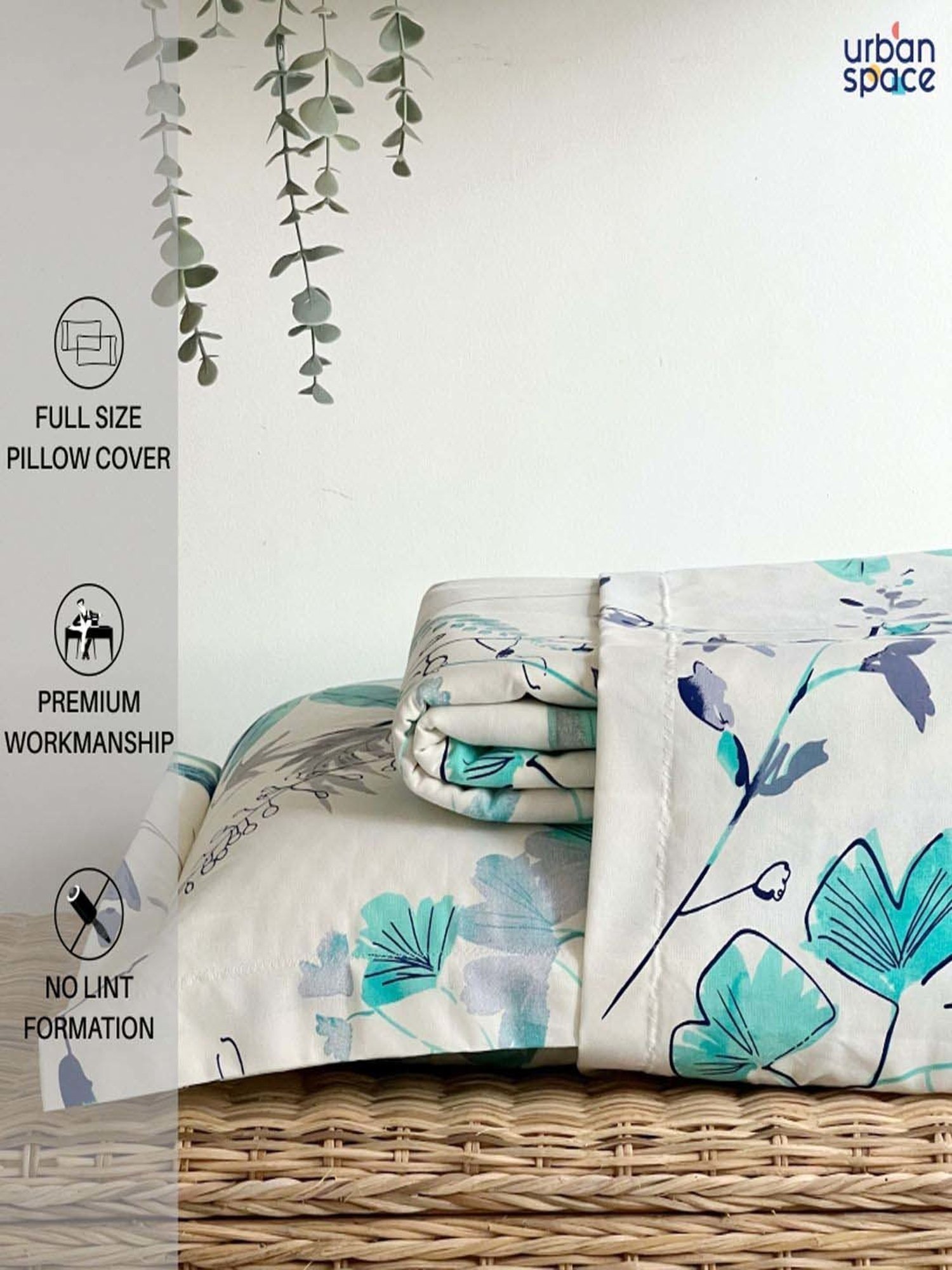 Urban Space Teal Blue & White Cotton 200 TC Double Bedsheet with 2 Pillow Covers
