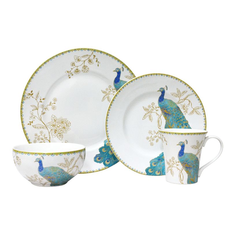 222 Fifth Peacock Garden Porcelain 16pc Dinnerware Set White