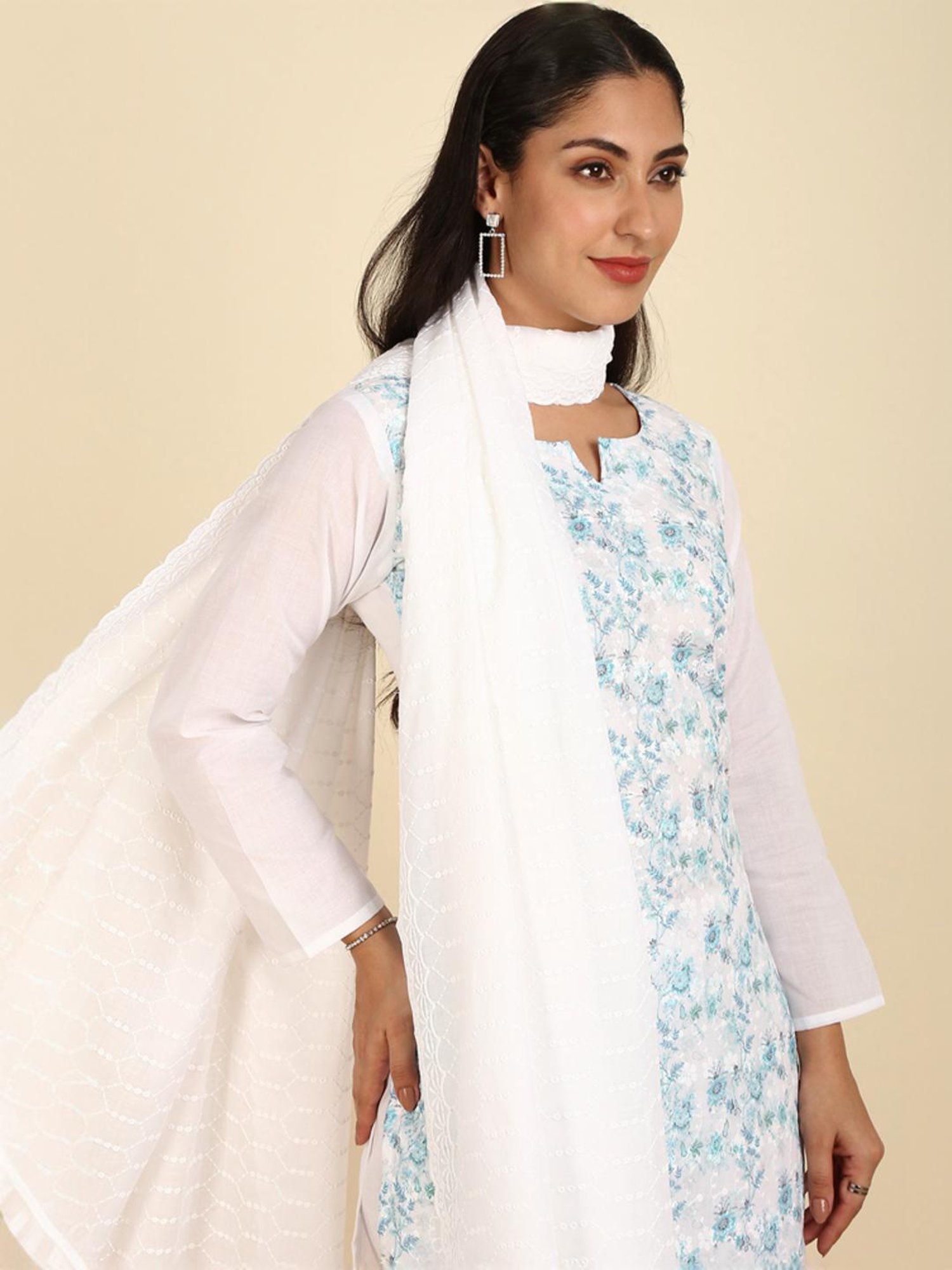 Soch Womens Blue Cotton Embroidered Unstitch Dress Material With Schiffli