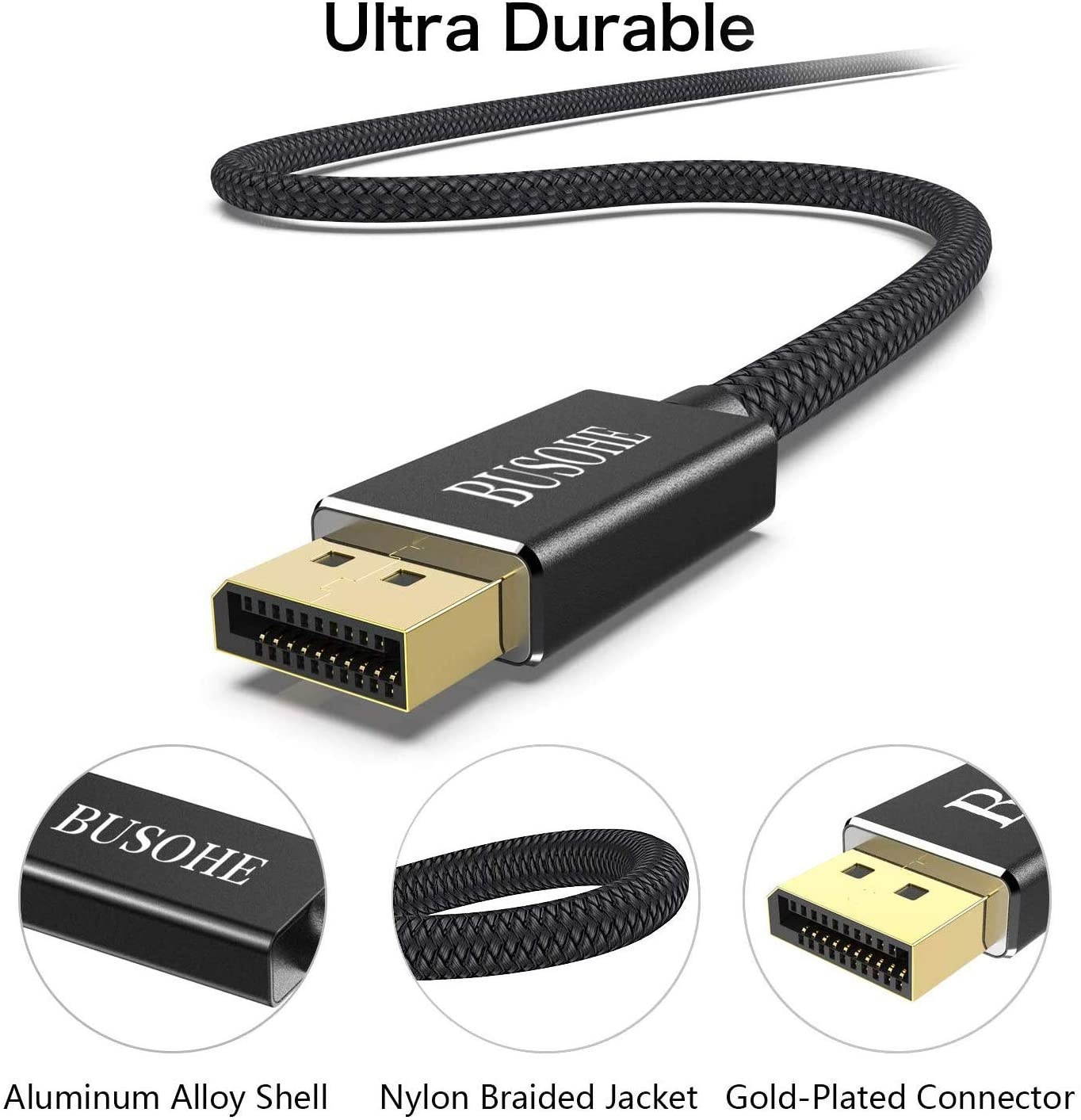 BUSOHE 8K DisplayPort 1.4 Cable 6 Feet Braided DisplayPort (DP) to DisplayPort (DP) Cable Supports 8K@60Hz 4K@144Hz 2K@165Hz 1080P@240Hz HBR3 32.4Gbps HDCP 2.2 HDR - 6FT