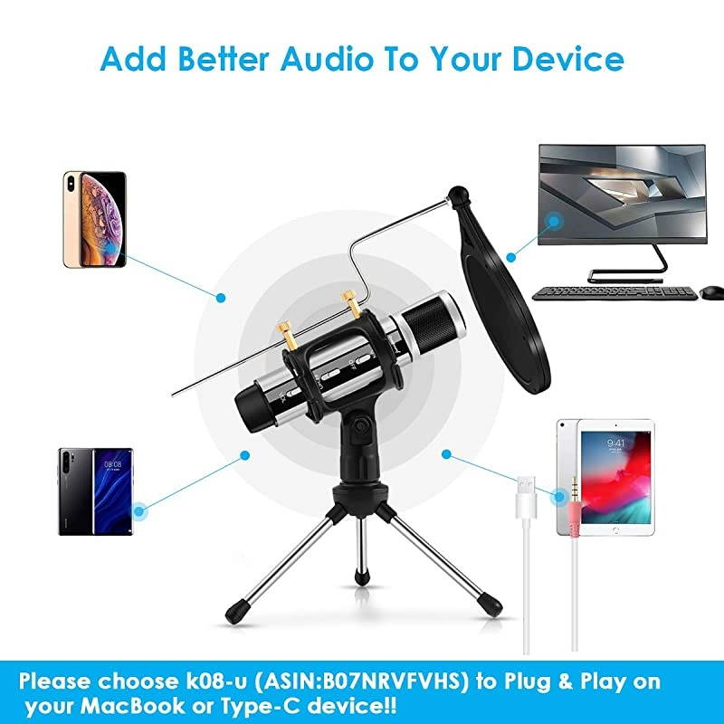 Studio Microphone  Condenser Studio Microphone with Builtin Sound Card and Echo Effect Vocal Recording Computer Microphone wTripod Stand for YouTube PC Laptop Tablet and PhoneSilver