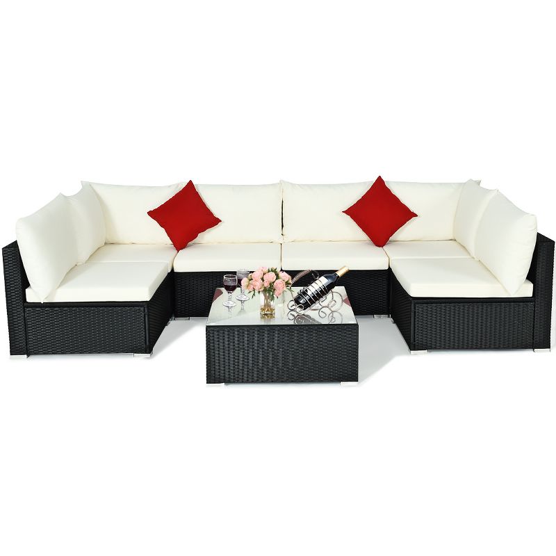 7PCS Patio Rattan Furniture Set Sectional Sofa Cushioned Glass Table Steel Frame