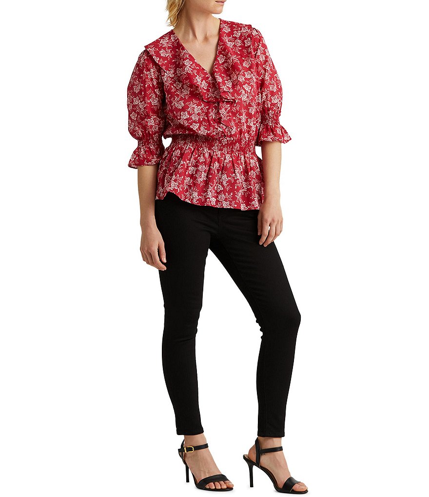 Lauren Ralph Lauren Floral Print Flounce V-Neck Detail Puff Short Elbow Sleeve Peplum Top