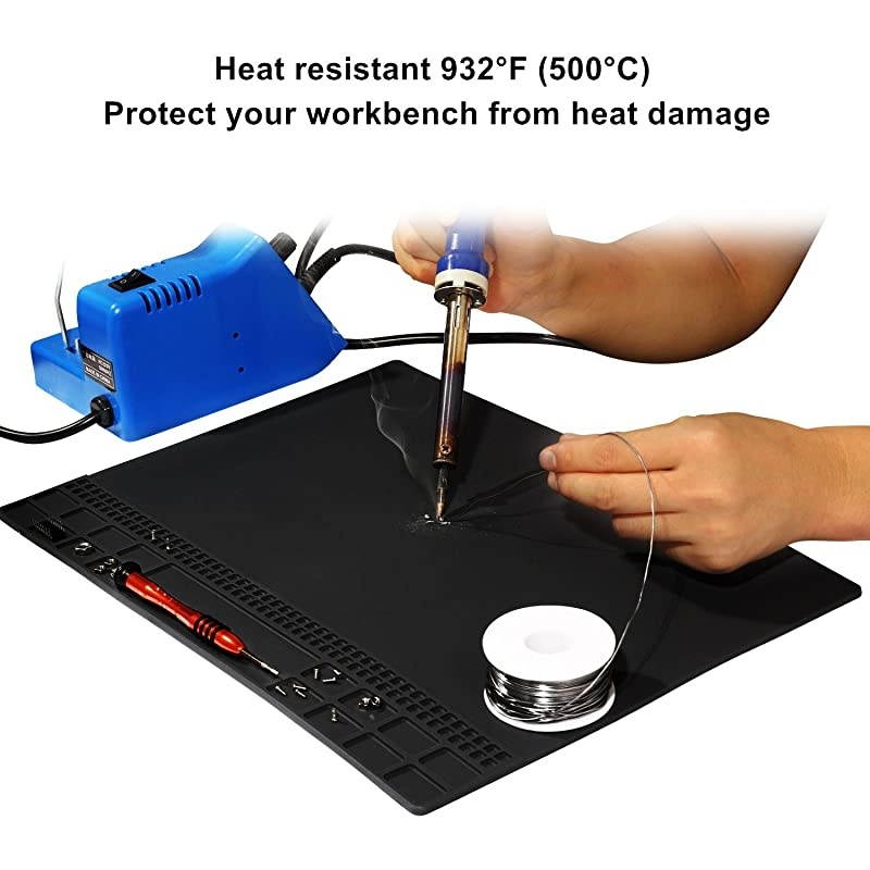 Mat, Premium Magnetic Silicone Repair Mat, Heat Resistant 932&deg;F Electronics Mat for Cellphone, Laptop, Computer, Solder Station Repair 13.8''x9.8'' Black