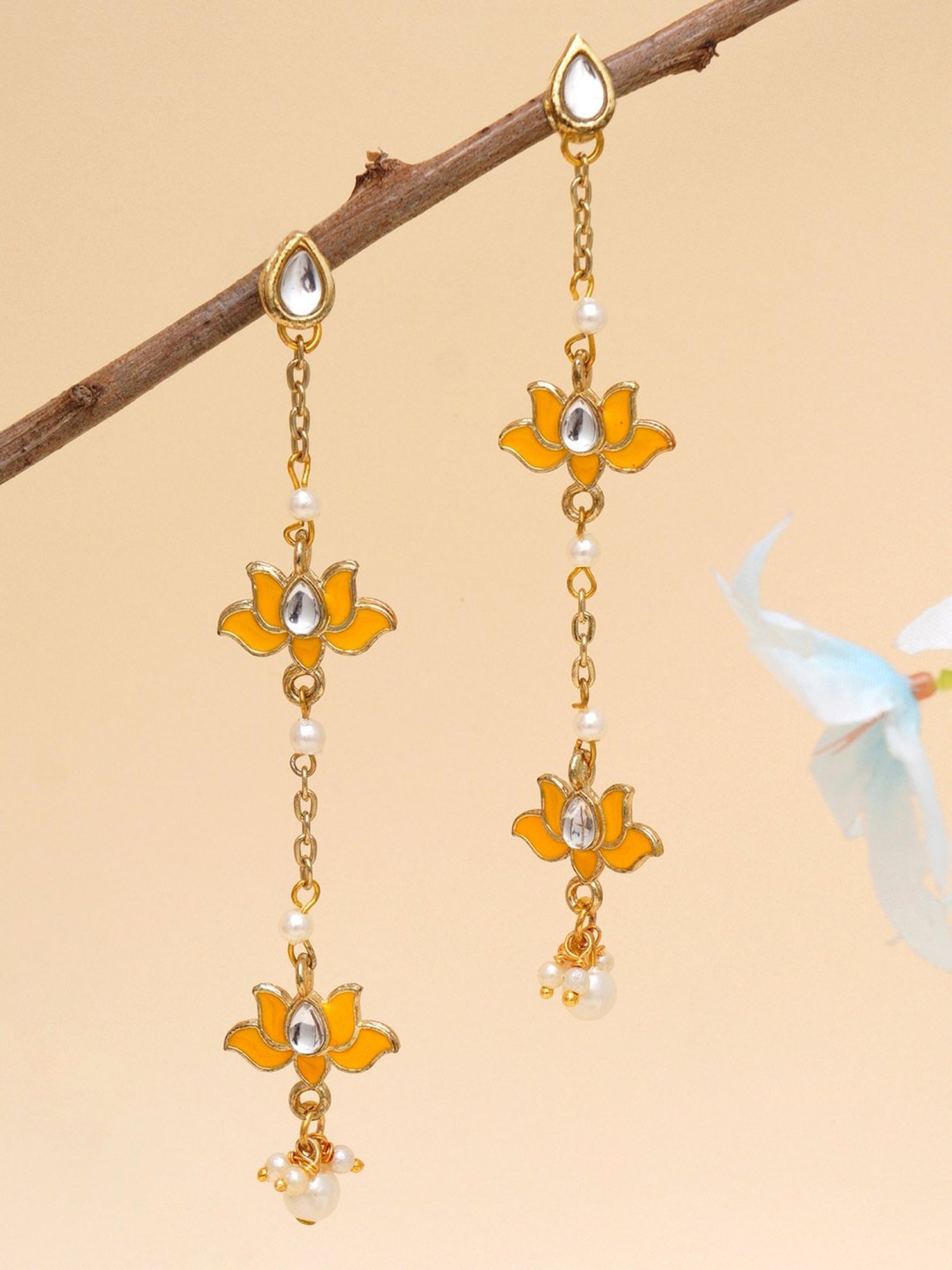 Karatcart Gold-Plated Lotus Shape Yellow Kundan Dangler Earrings