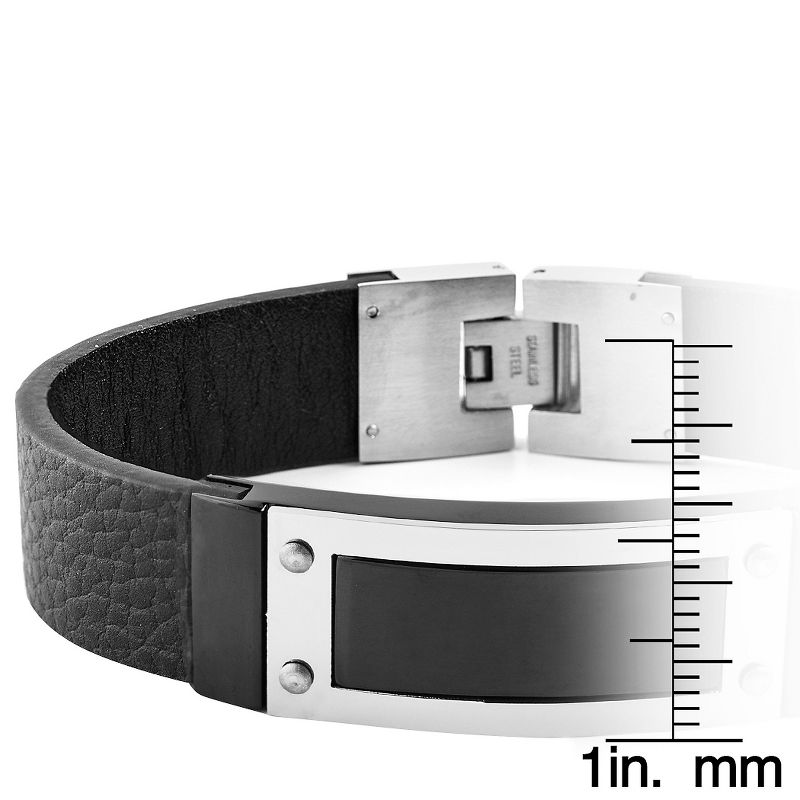 Men's Crucible Stainless Steel Framed ID Black Leather Bracelet