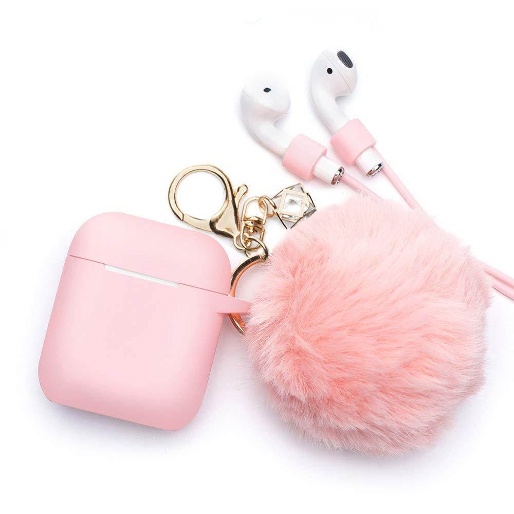 Airpods Case - BlUEWIND Drop Proof Air Pods Protective Case Cover Silicone Skin, Cute Fur Ball Airpods Keychain/Strap, Apple Airpods Accessories, Best Gift for Girls and Women, Pink