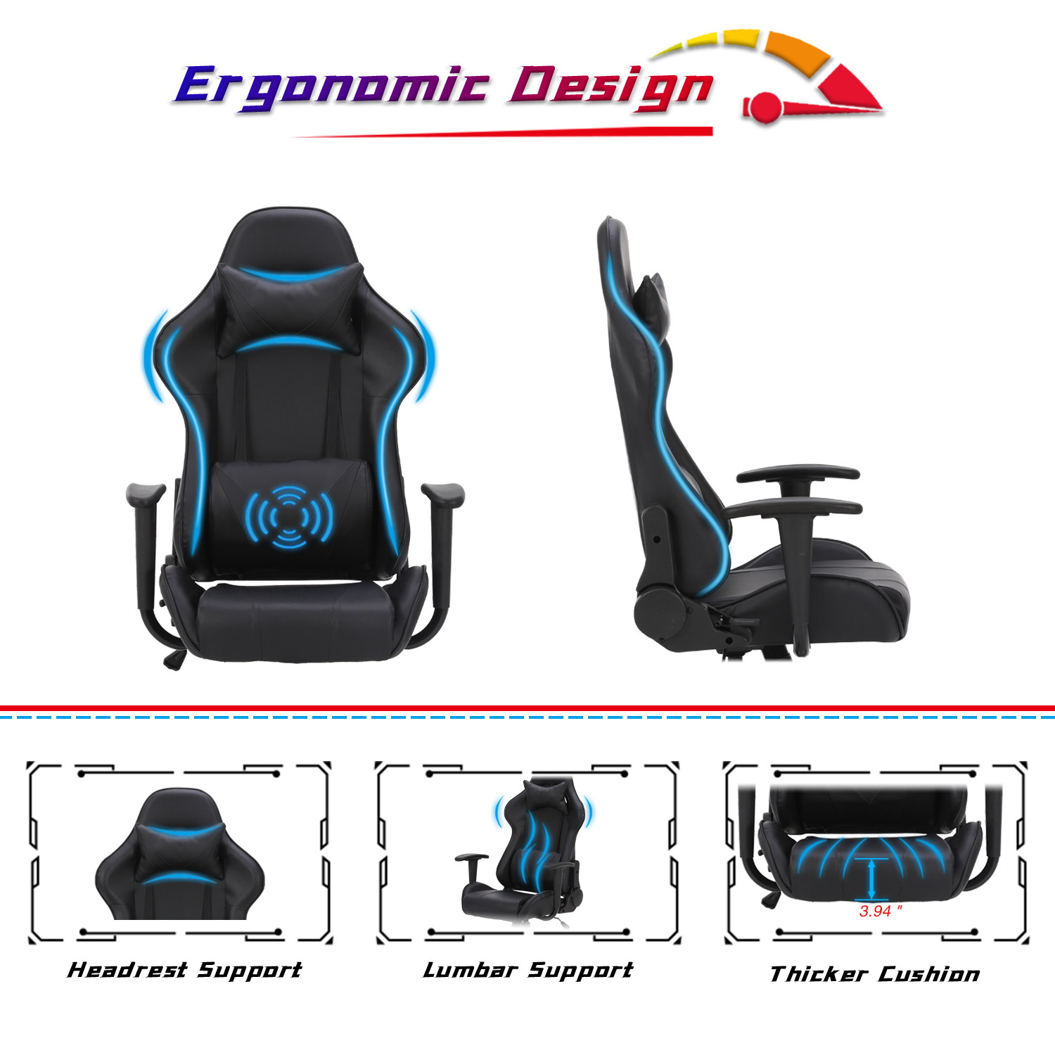 Racing Style Ergonomic Computer Gaming Chair Massage Chair with High-Back Swivel PU Leather, Seat Height Adjustable, and Lumbar & Head Support