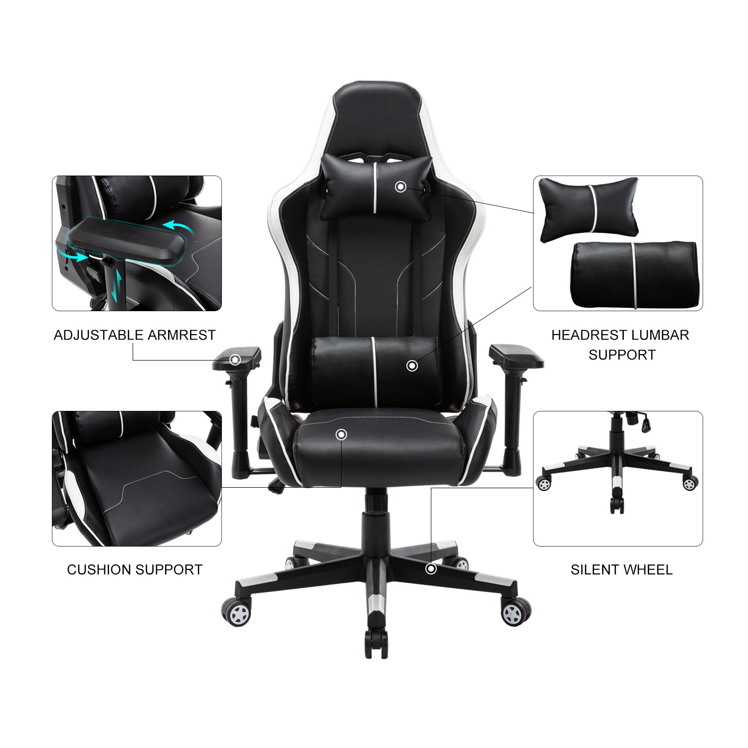 Gaming Chair Ergonomic PU Leather Office Chair High Back Computer Chair Adjustable Back Desk Chair with Adjustable Armrests Headrest and Lumbar Support