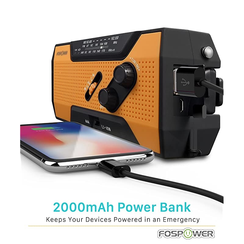 Emergency Solar Hand Crank Portable Radio NOAA Weather Radio for Household and Outdoor Emergency with AMFM LED Flashlight Reading Lamp 2000mAh Power Bank USB Charger and SOS Alarm