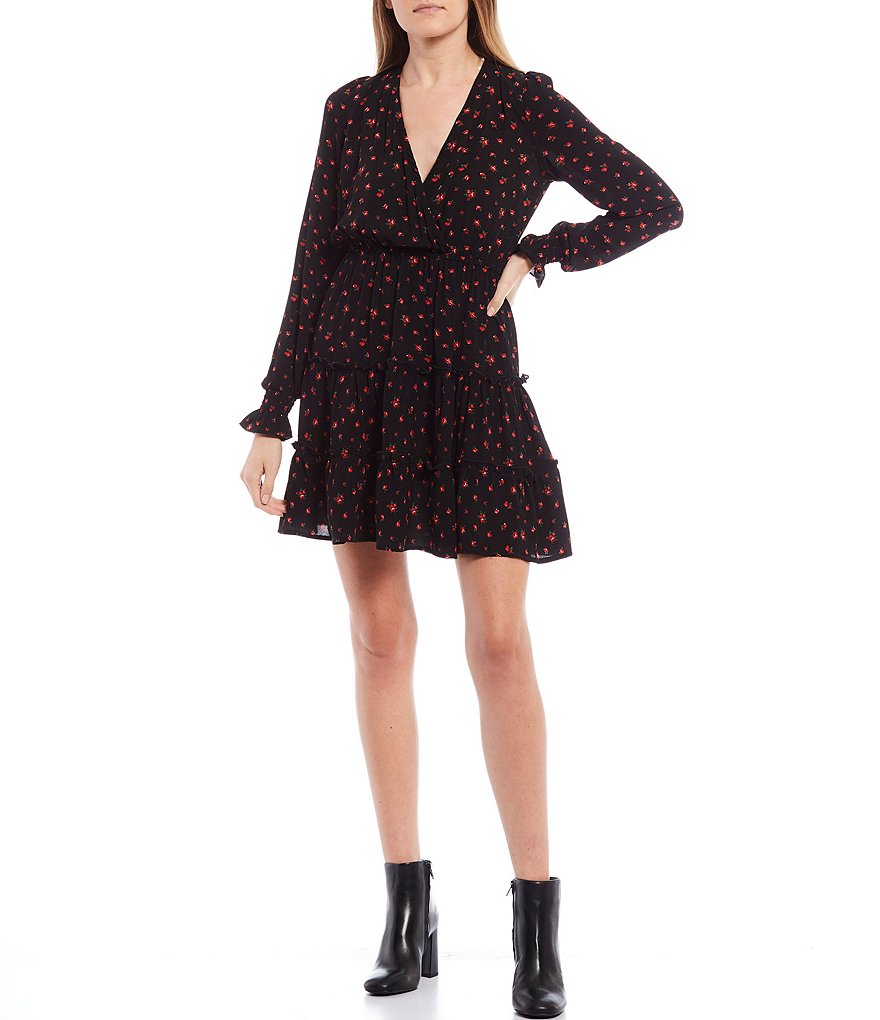 Allison & Kelly Long-Sleeve Ditsy Floral Print Tiered Faux-Wrap Dress