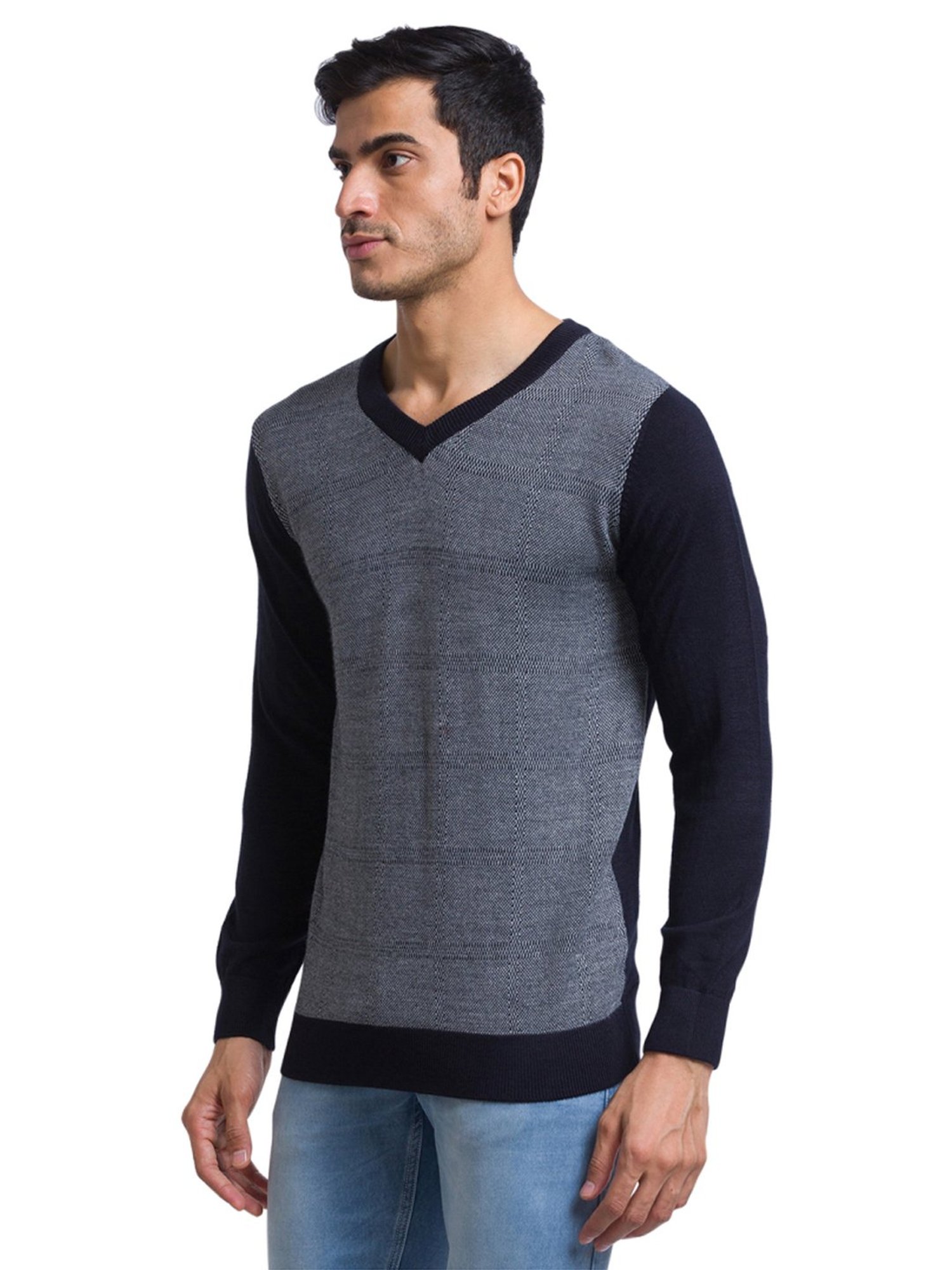 Parx Blue & Grey Regular Fit Color-Block Sweater