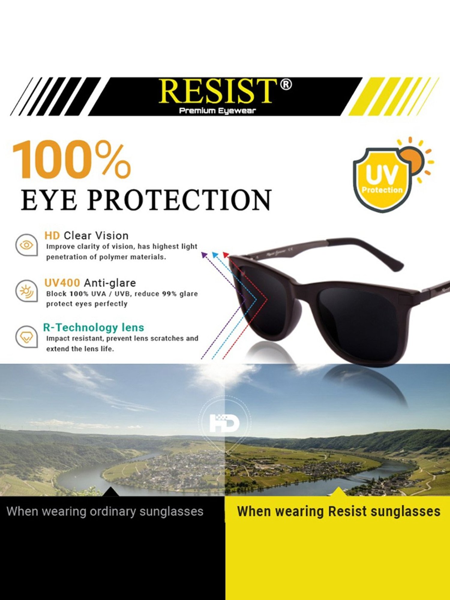 Resist Eyewear Black Wayfarer Unisex Sunglasses