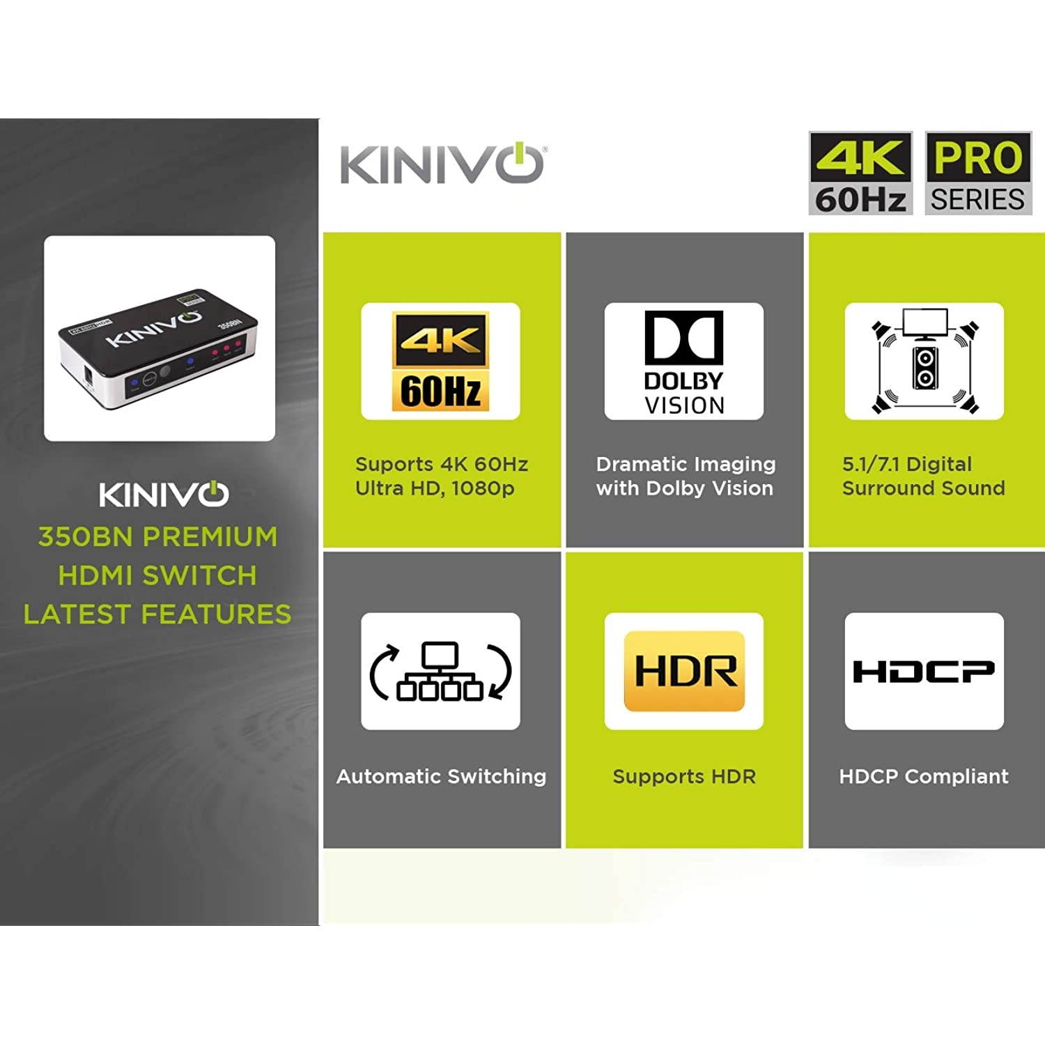 Kinivo 350BN 4K HDMI Switch with IR Wireless Remote (3 Port, 4K 60Hz HDR, High Speed-18Gbps, Auto-Switching)