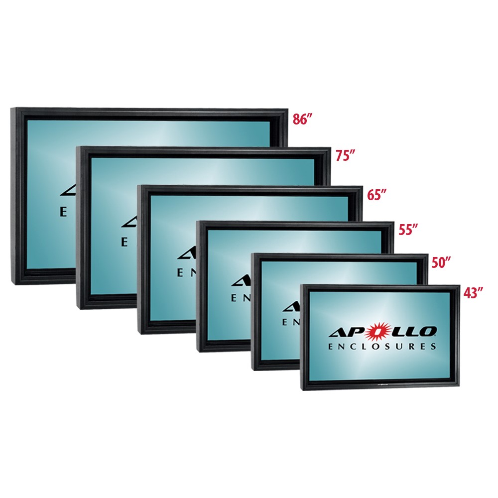 Apollo Outdoor TV Enclosure fits 50"-55" LED/LCD TV's. Model AE5550-WM-NA-BL. Includes weatherproof non-articulating wall mount with tilt - Black
