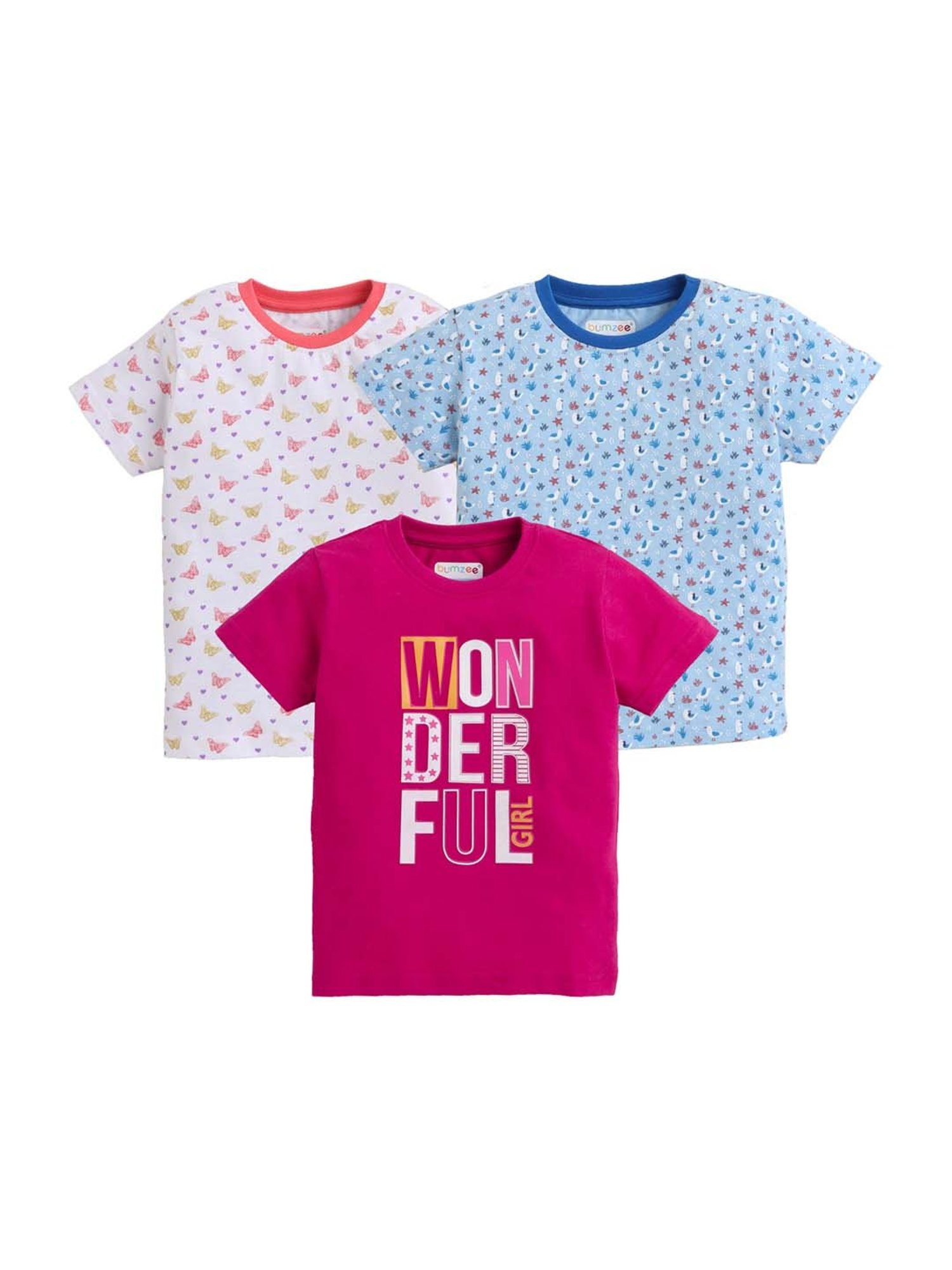 Bumzee Kids Skyblue & Pink Cotton Printed T-Shirt