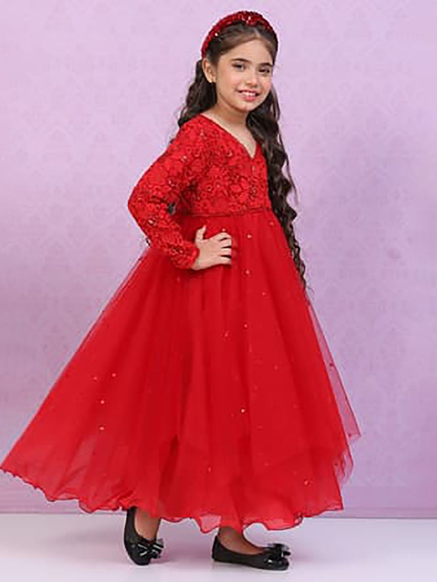 BIBA Girls Red Embroidered Full Sleeves Gown