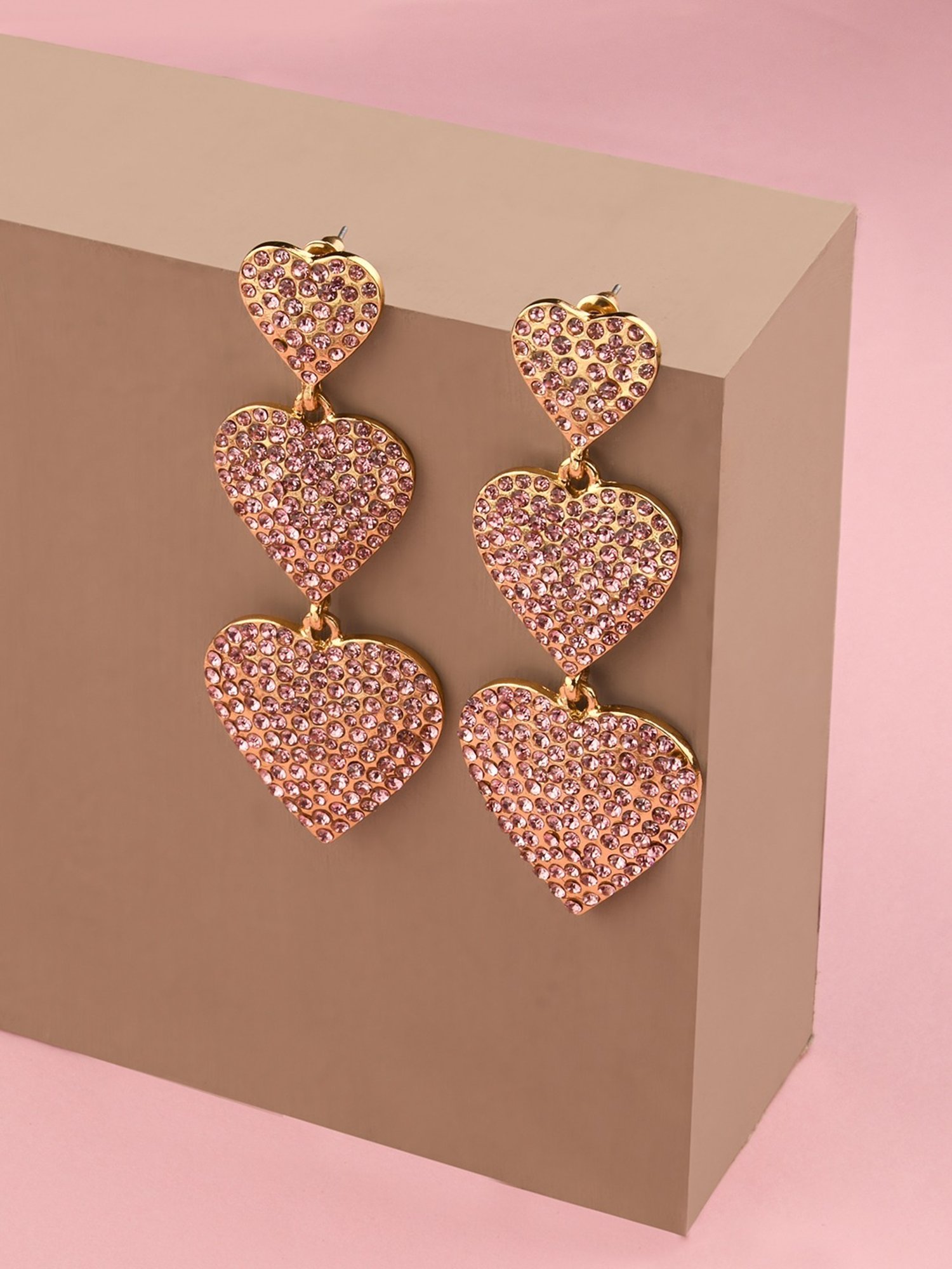 Lilly & Sparkle Gold-Toned Pink Stone Studded Triple Heart Dangler Earrings