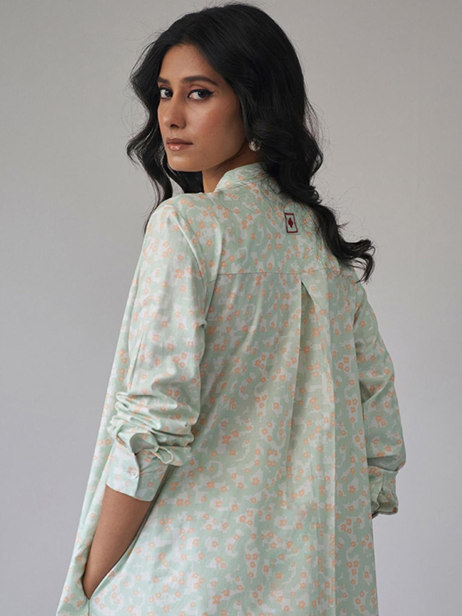 Ganga Fashions Subtle Green & Peach Cotton Kurta with Pant Co-ord Set