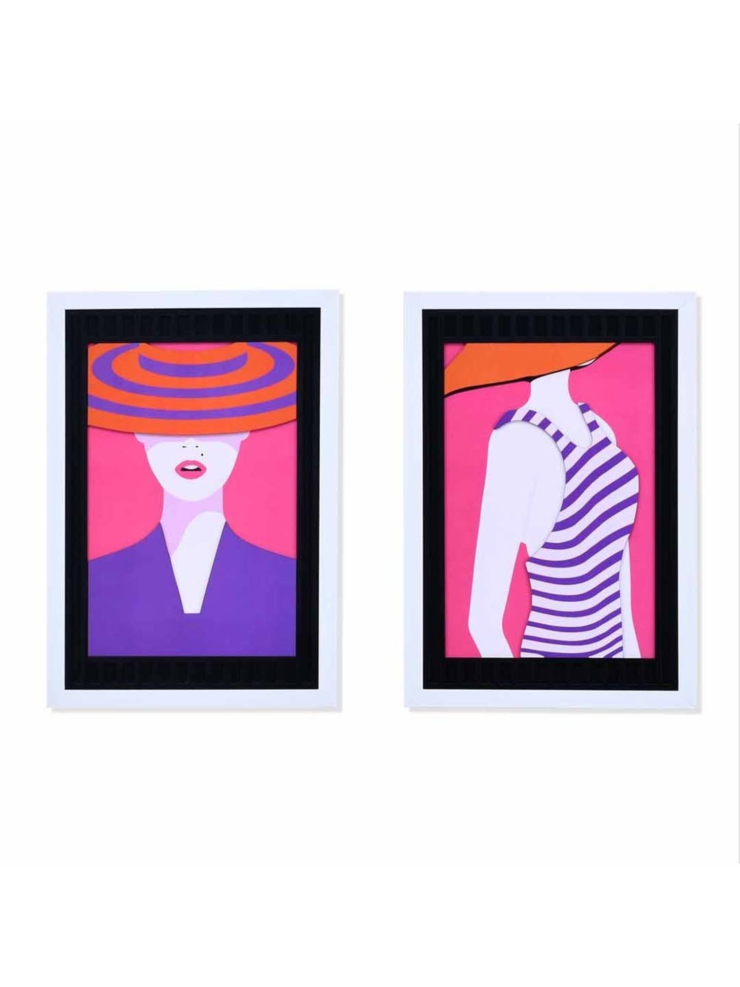 @Home Pink & Blue Mdf Lady In Hat 3D Wall Paintings - Set of 2