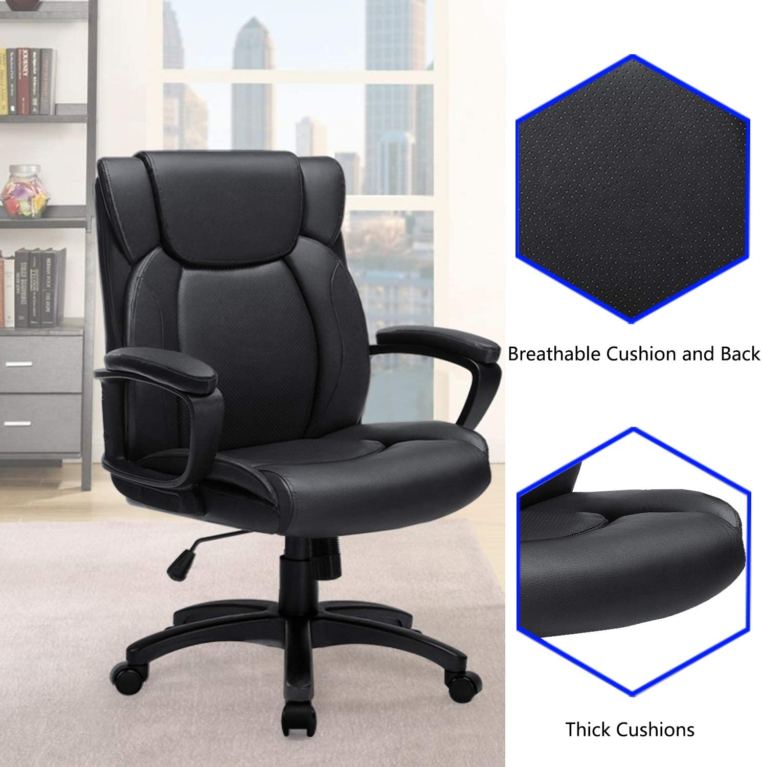 BOSSIN Mid-Back Executive Office Chair Leather Computer Desk Chair with Armrest,Swivel Ergonomic Task Chair with Lumbar Support,Thick Padded Rolling Chair for Adults (Mid-Back, Black)
