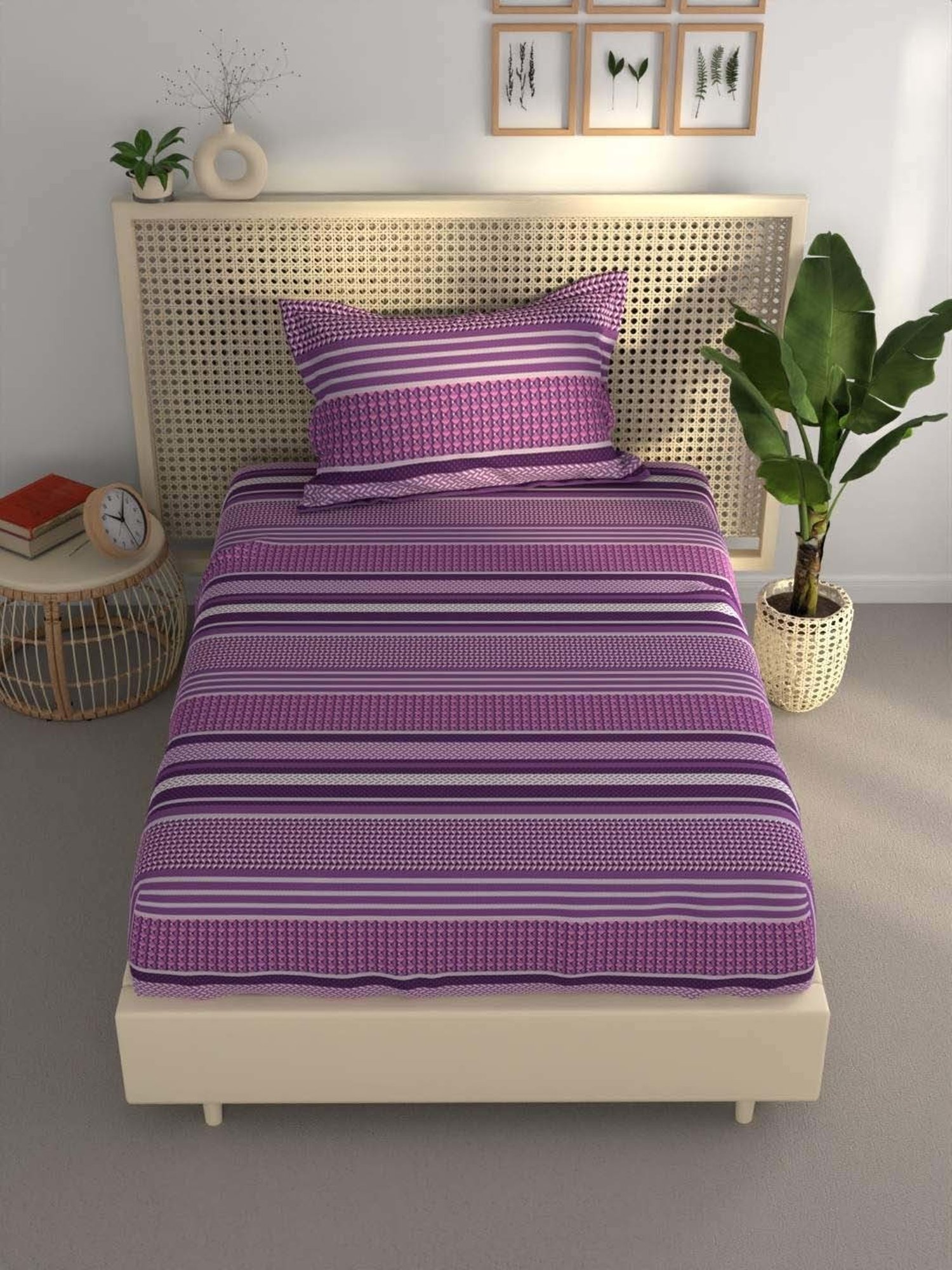 BIANCA Estonia Pink & Purple Cotton 116 TC 115 GSM Single Size Bedsheet With Pillow Cover