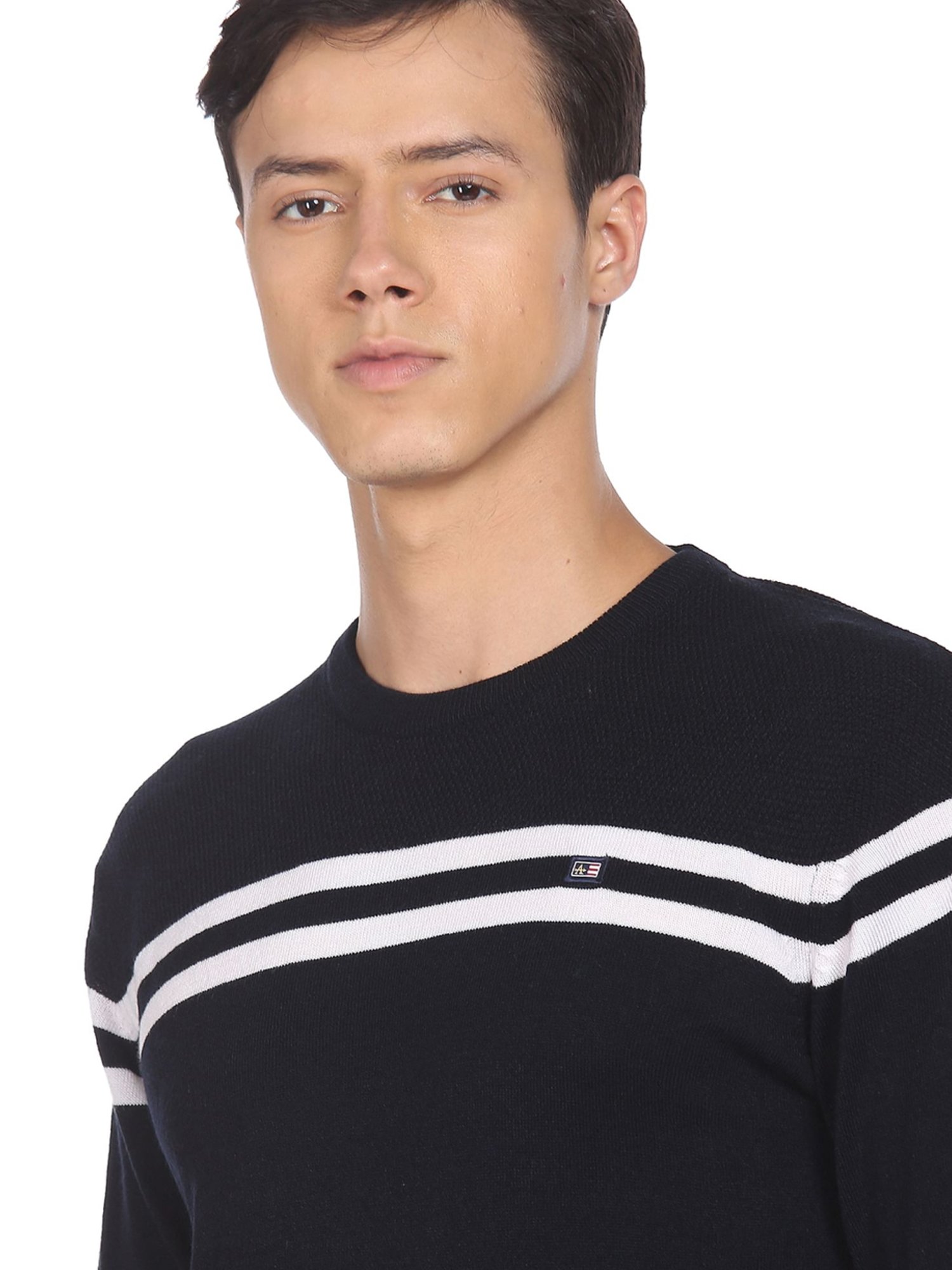 Arrow Sport Navy Blue Regular Fit Striped Sweater