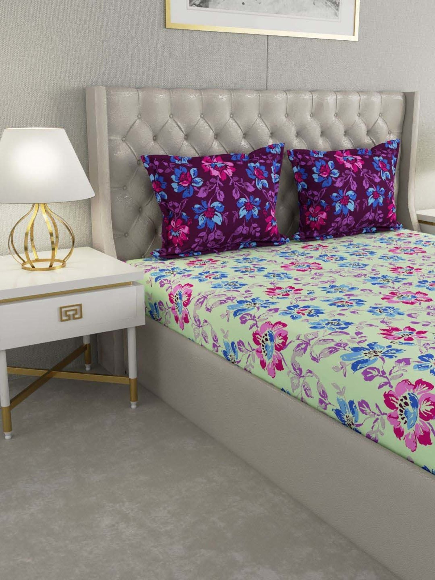 Raymond Home Camphor Blue & Pink 144 TC Cotton Queen Bedsheet with 2 Pillow Covers