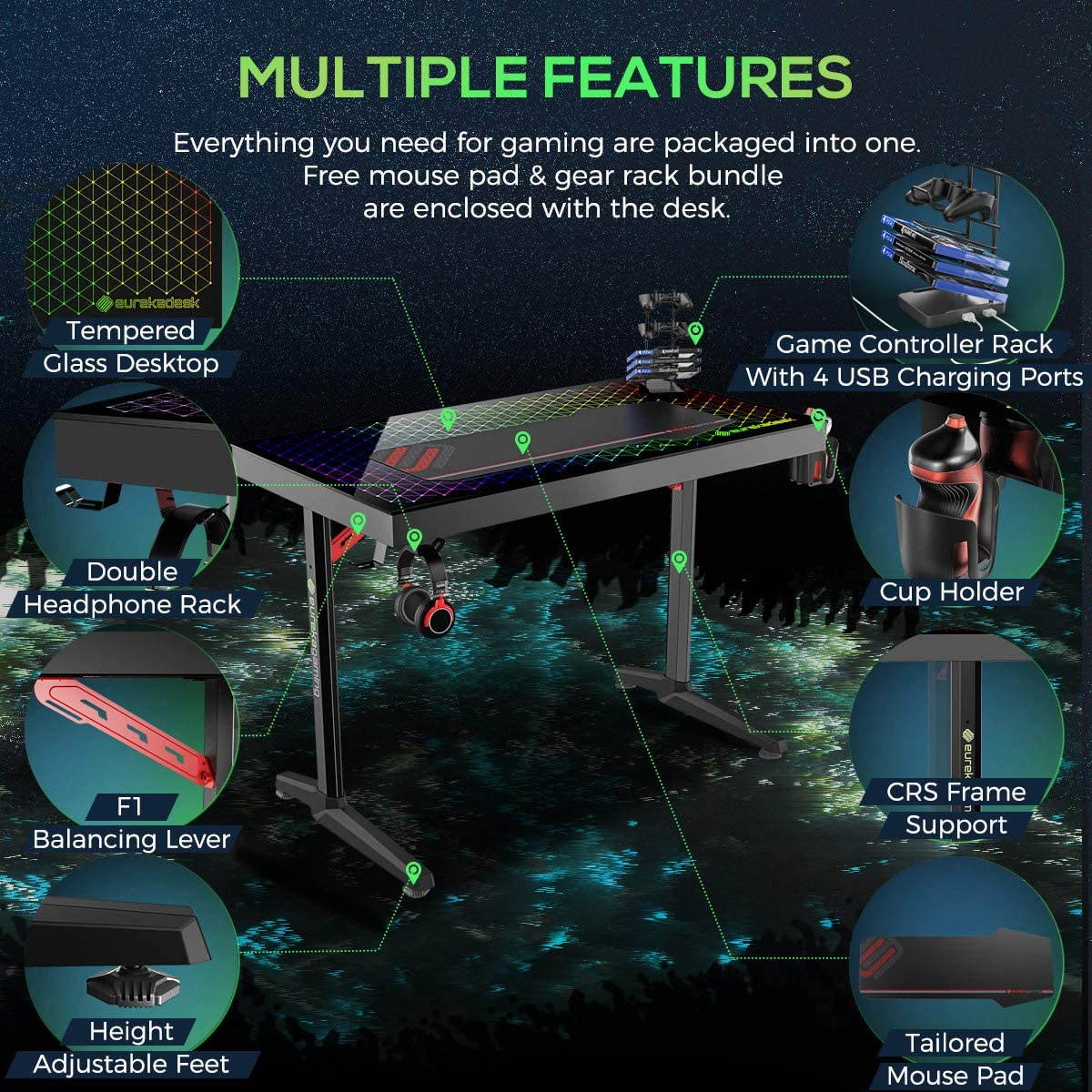 Eureka Ergonomic&reg; Gaming Desk RGB 43" Tempered Glass Desktop Home Office Computer Desks with LED Lights & New Polygon Legs Design, General Series I43, Black