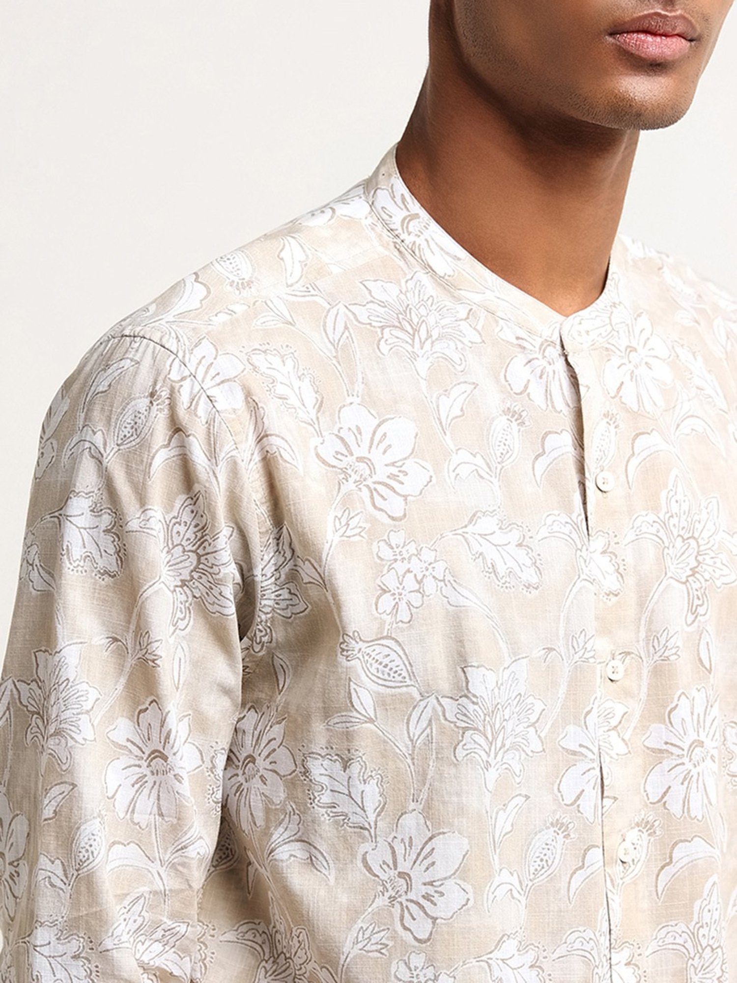 ETA by Westside Beige Botanical Print Grandad Relaxed Fit Shirt