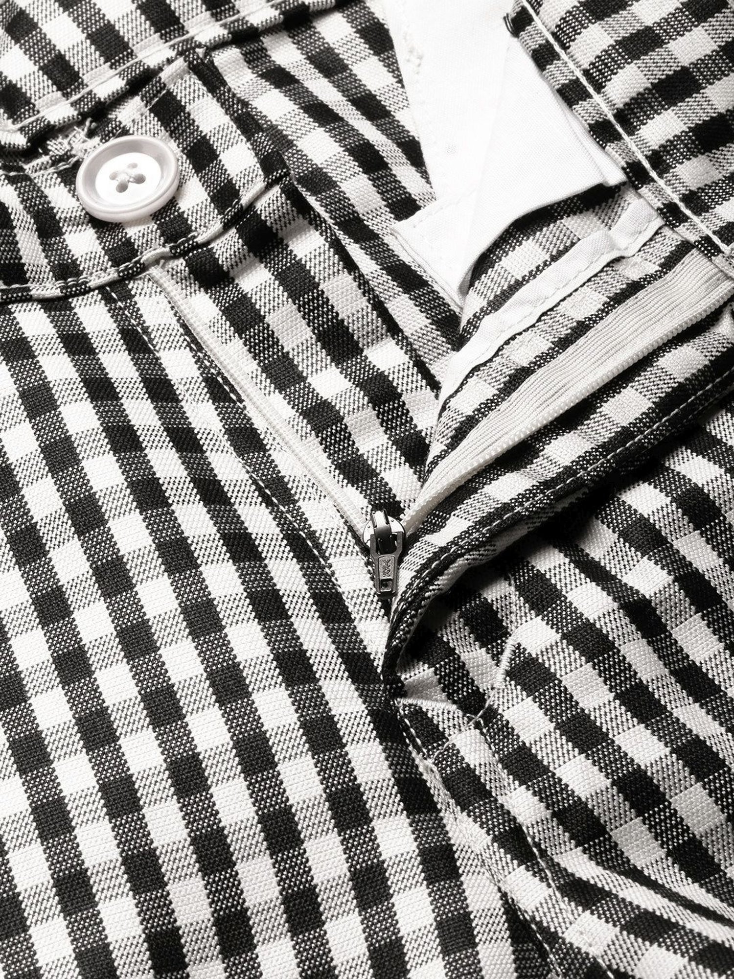 Sojanya Black & White Cotton Regular Slim Fit Checks Flat Front Trousers