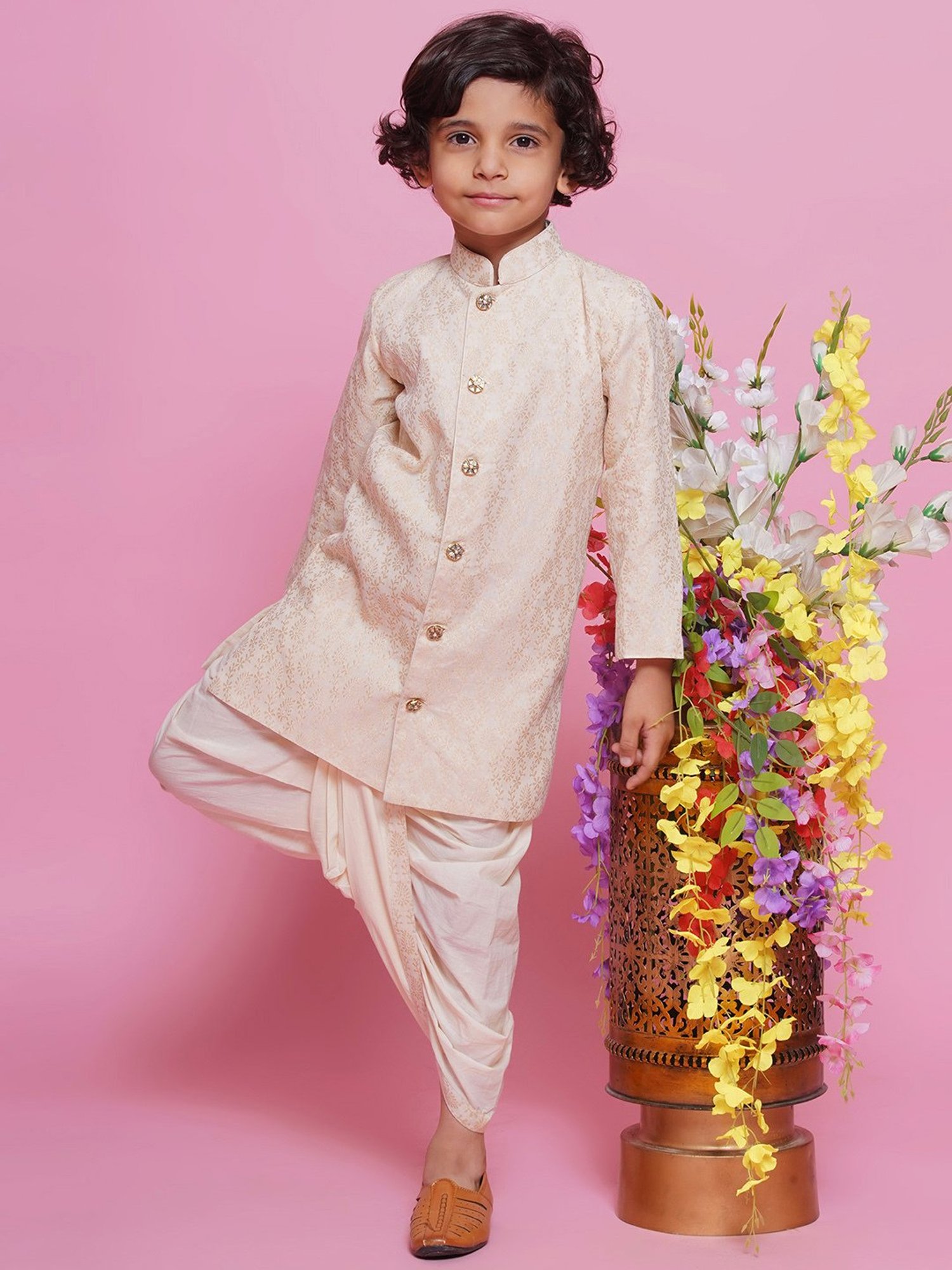 Little Bansi Kids Cream Embroidered Full Sleeves Sherwani with Dhoti